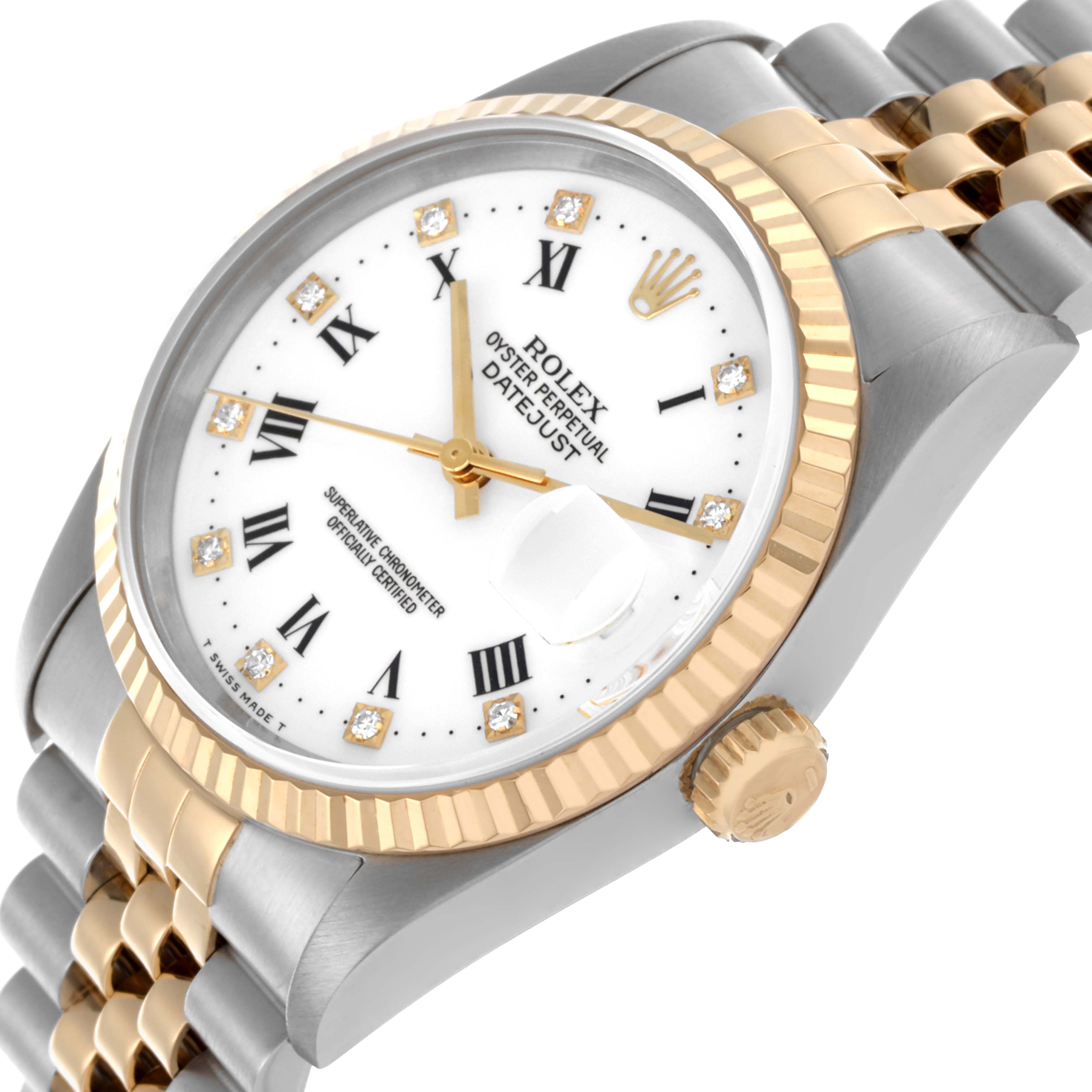 The Rolex Datejust 16233 Men's Steel and Gold (two tone) White Dial 16233 Men's Steel and Gold (two tone) White Dial watch is shown at an angled view, highlighting the face, bezel, and part of the bracelet.