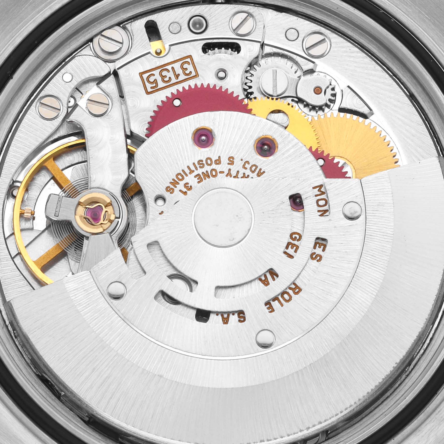 The image shows the movement from a Rolex Datejust 16233 Men's Steel and Gold (two tone) White Dial 16233 Men's Steel and Gold (two tone) White Dial, highlighting gears and mechanical components from a top-down angle.