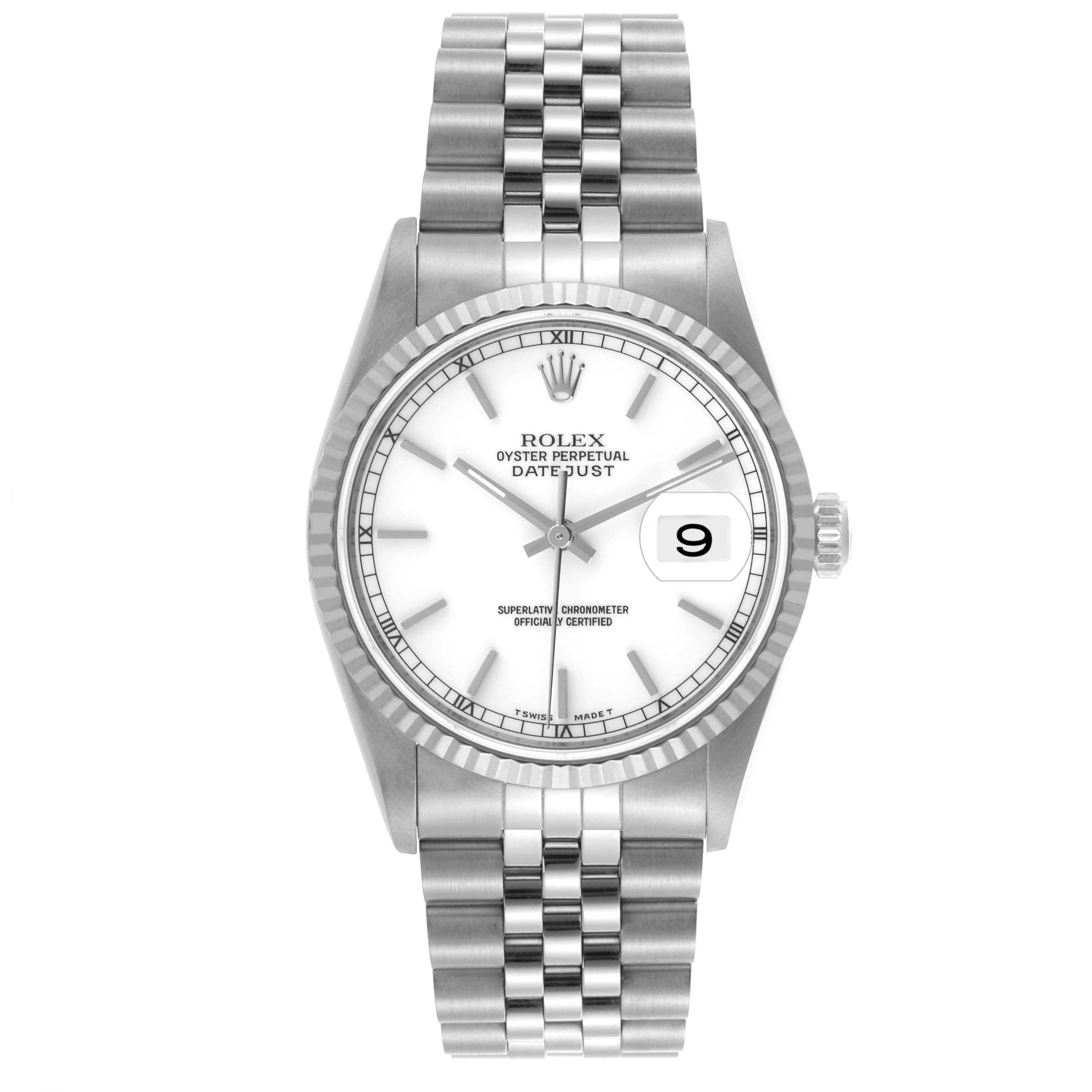 The Rolex Datejust 16234 Men's Stainless Steel White Dial 16234 Men's Stainless Steel White Dial watch is shown from a front angle, displaying the face, bezel, crown, and bracelet.