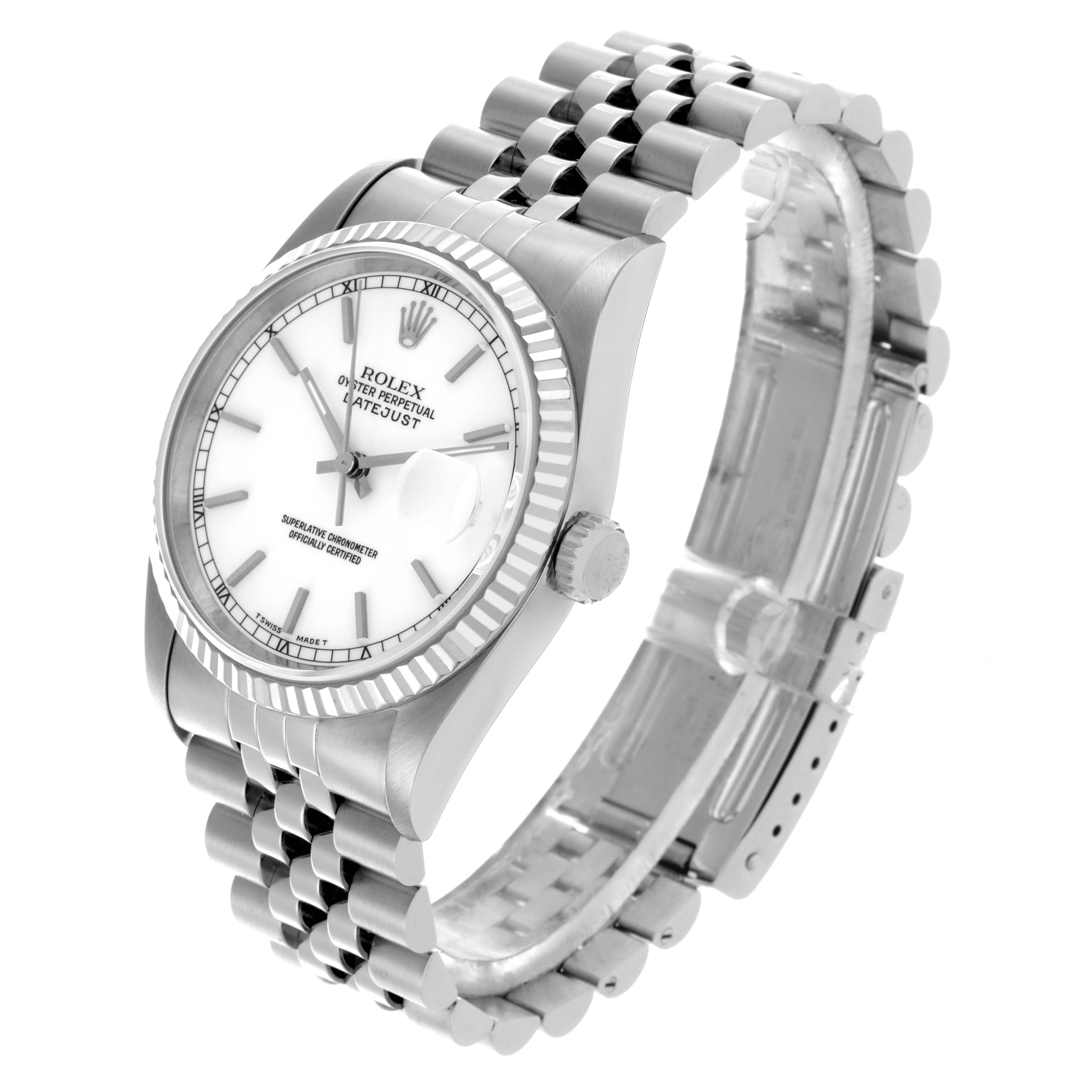 The Rolex Datejust 16234 Men's Stainless Steel White Dial 16234 Men's Stainless Steel White Dial watch is shown from a side angle, highlighting the case, bezel, crown, dial, and Jubilee bracelet.