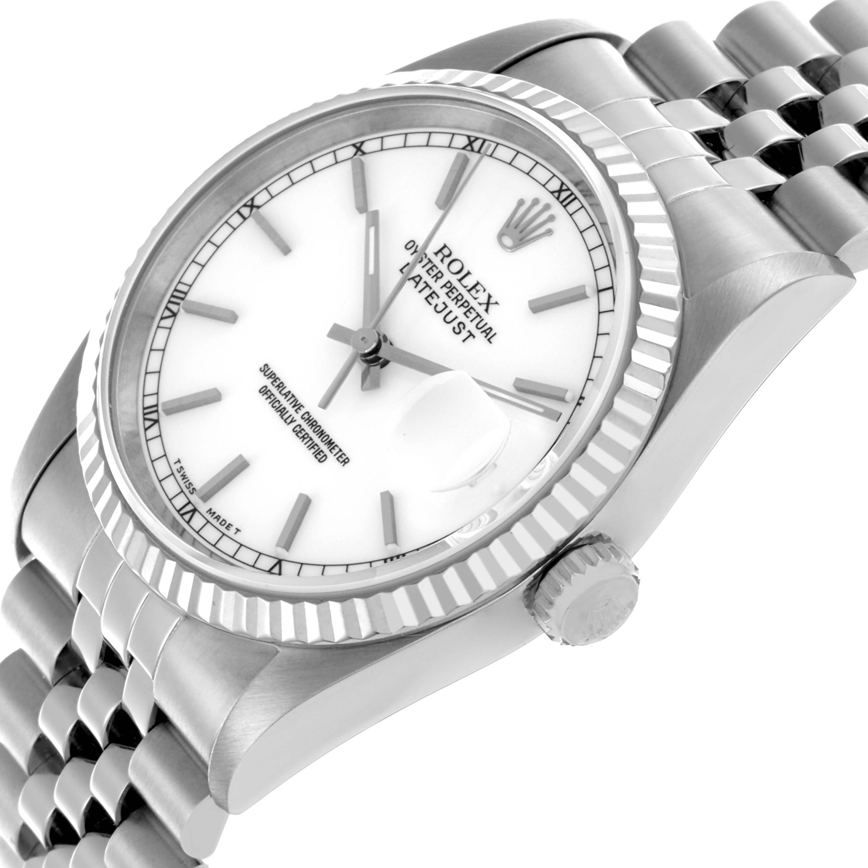 The Rolex Datejust 16234 Men's Stainless Steel White Dial 16234 Men's Stainless Steel White Dial watch is shown from a tilted side angle, highlighting the case, dial, bezel, and bracelet.