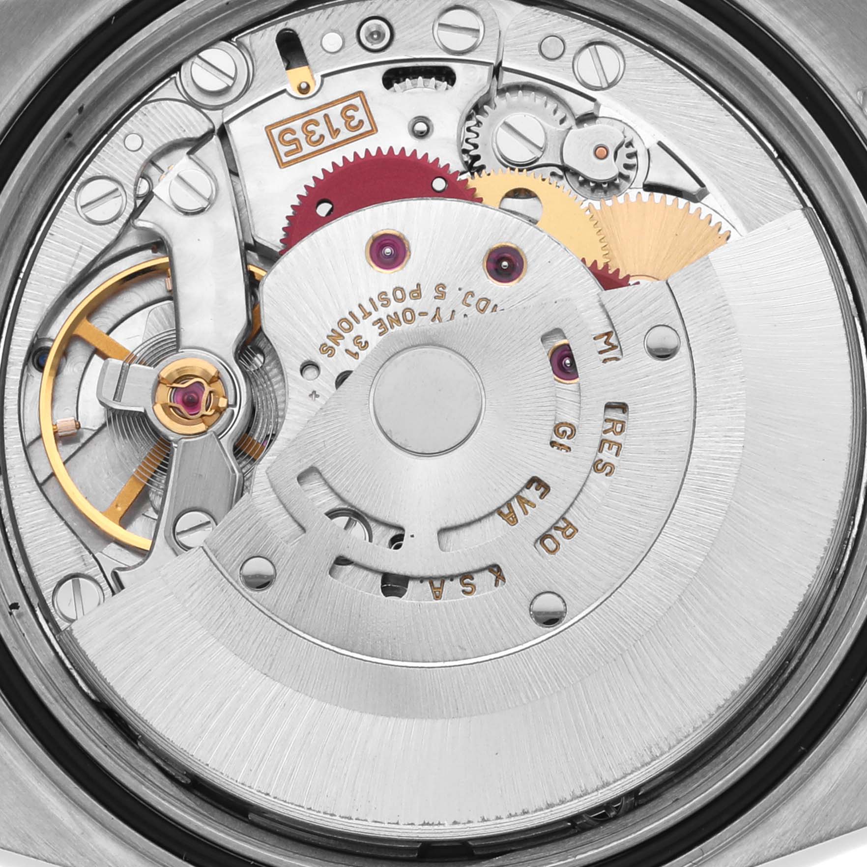 The image shows the intricate movement parts of the Rolex Datejust 16234 Men's Stainless Steel White Dial 16234 Men's Stainless Steel White Dial watch at a detailed, close-up angle.