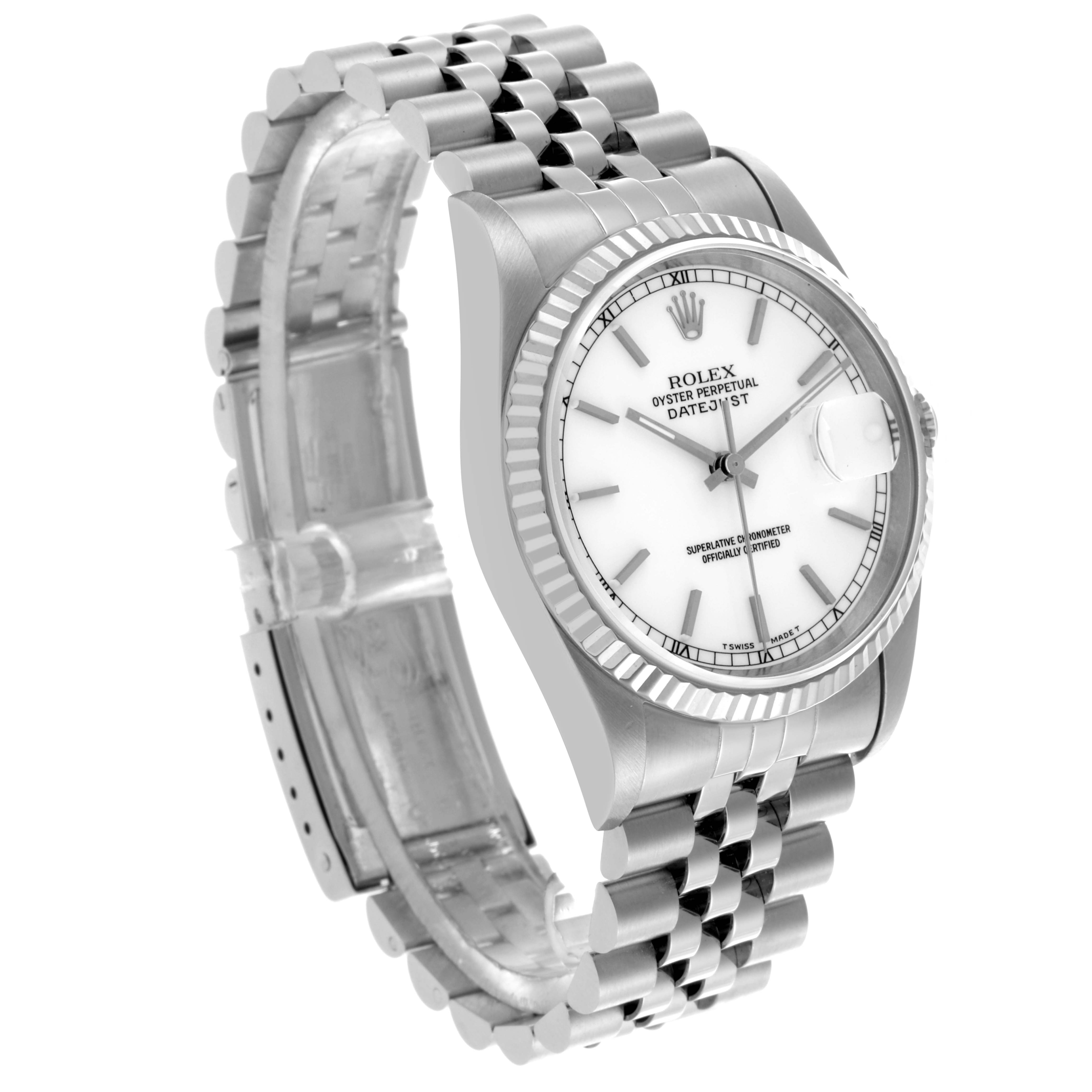 The Rolex Datejust 16234 Men's Stainless Steel White Dial 16234 Men's Stainless Steel White Dial watch is shown at a three-quarter angle, highlighting its face, bezel, and Jubilee bracelet.