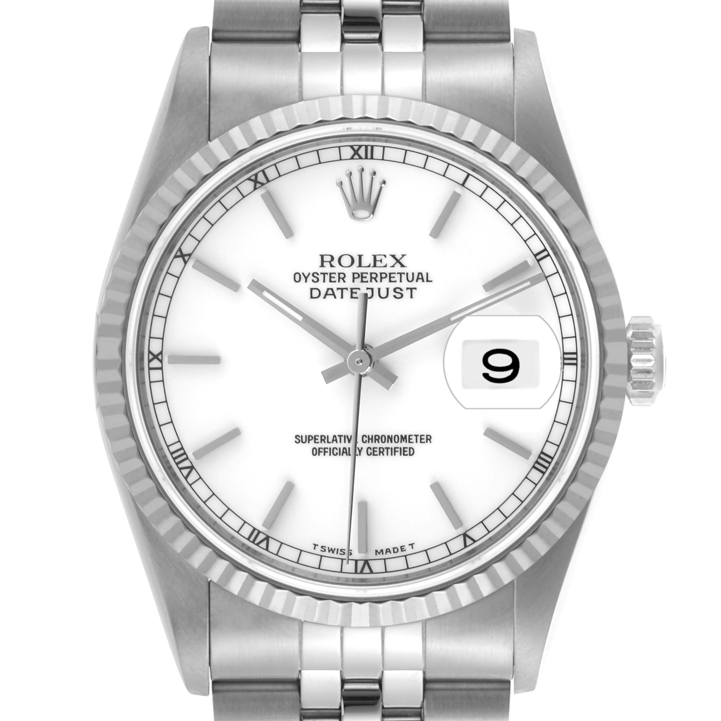 The Rolex Datejust 16234 Men's Stainless Steel White Dial 16234 Men's Stainless Steel White Dial watch is shown from a front angle, highlighting the face, bezel, crown, and part of the bracelet.