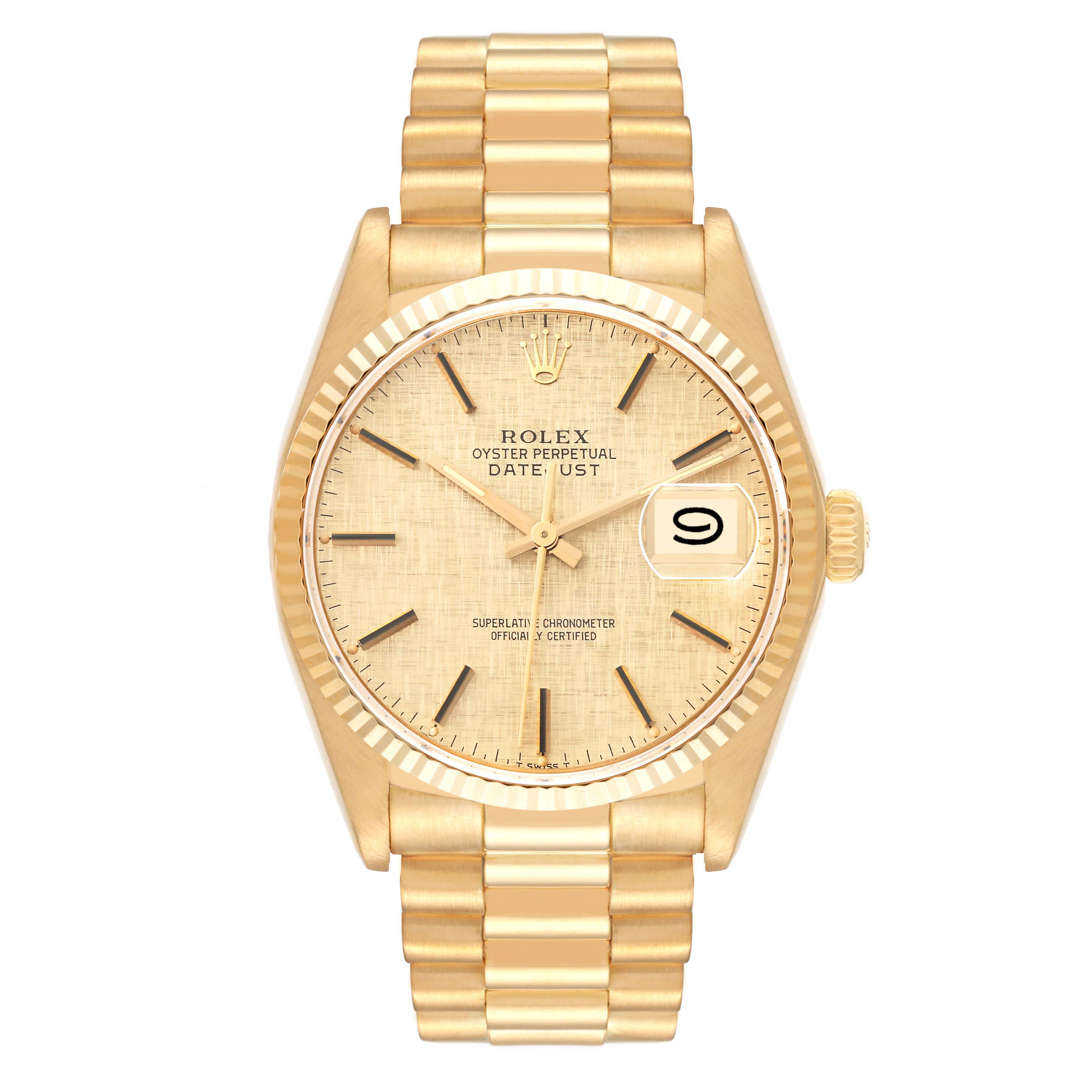 The Rolex Vintage Collection 16018 Men's Yellow Gold Champagne Dial 16018 Men's Yellow Gold Champagne Dial watch is shown from a straight-on angle, highlighting the dial, bezel, bracelet, and date display.