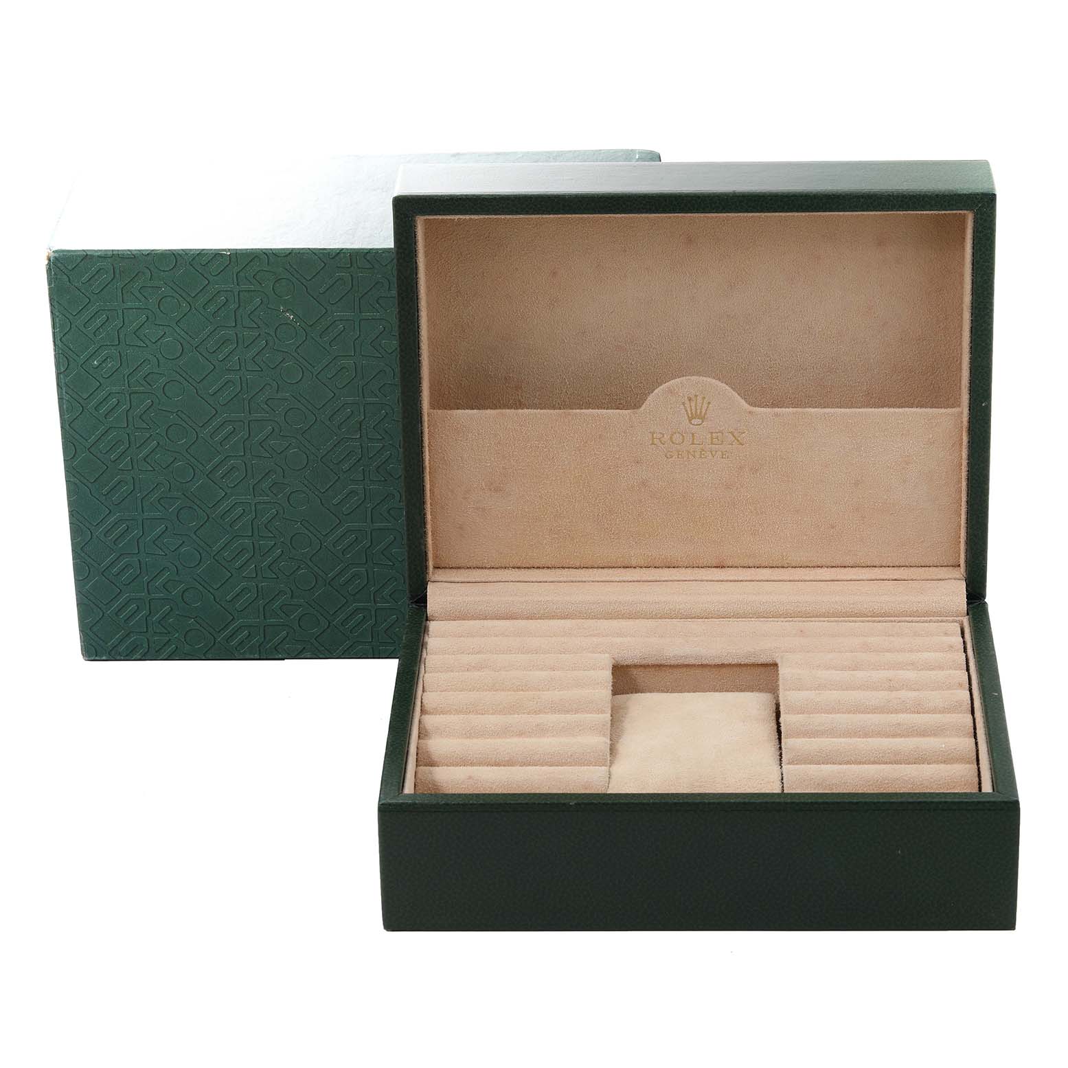 This image shows a Rolex Vintage Collection 16018 Men's Yellow Gold Champagne Dial 16018 Men's Yellow Gold Champagne Dial watch box with the lid open, displaying its internal compartments.