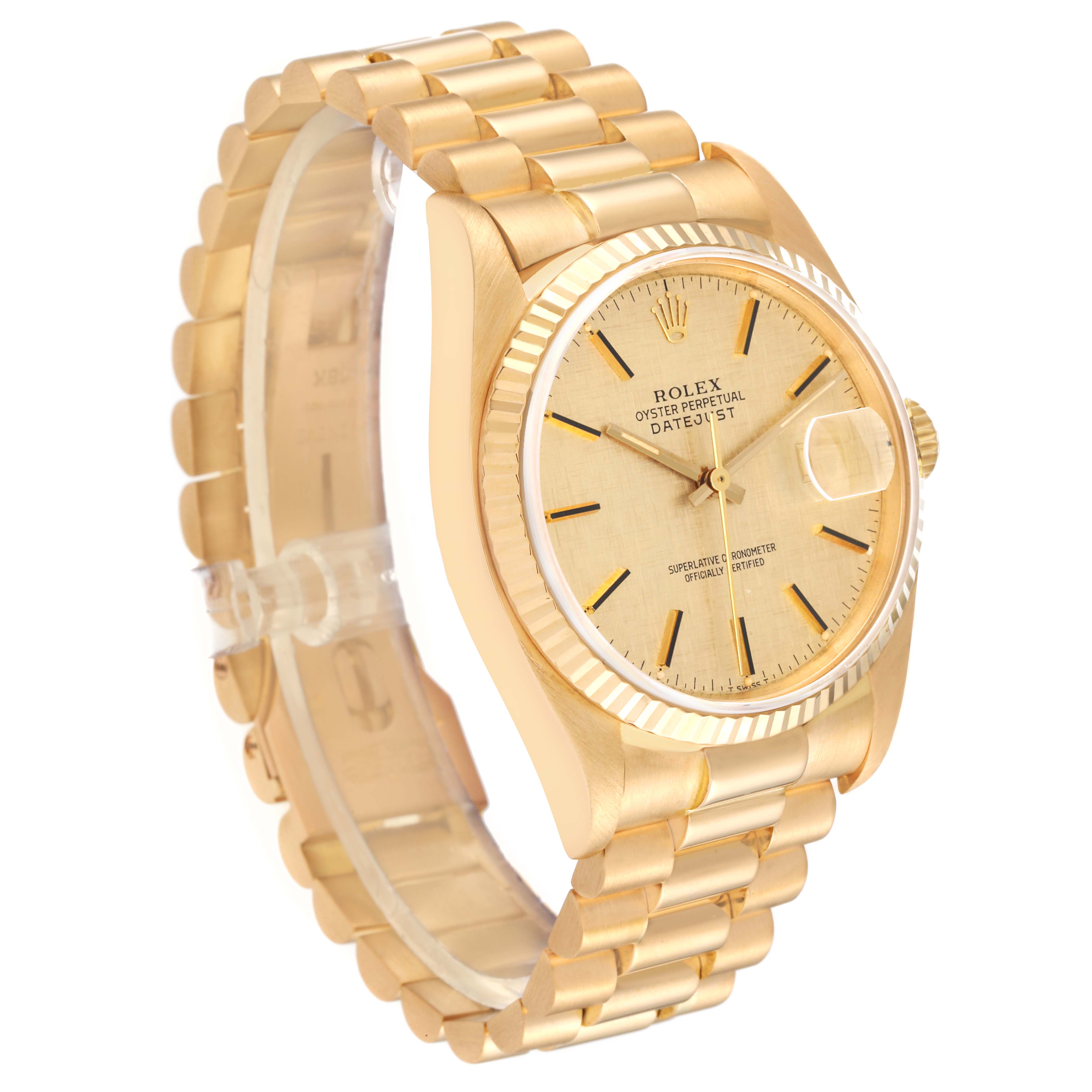 The Rolex Vintage Collection 16018 Men's Yellow Gold Champagne Dial 16018 Men's Yellow Gold Champagne Dial model is shown at a 45-degree angle, highlighting its gold case, bracelet, and face.
