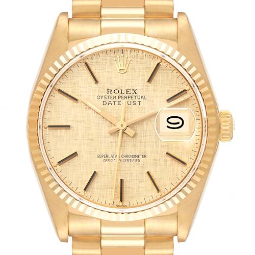 Photo of Rolex Datejust Yellow Gold Linen Dial Vintage Mens Watch 16018