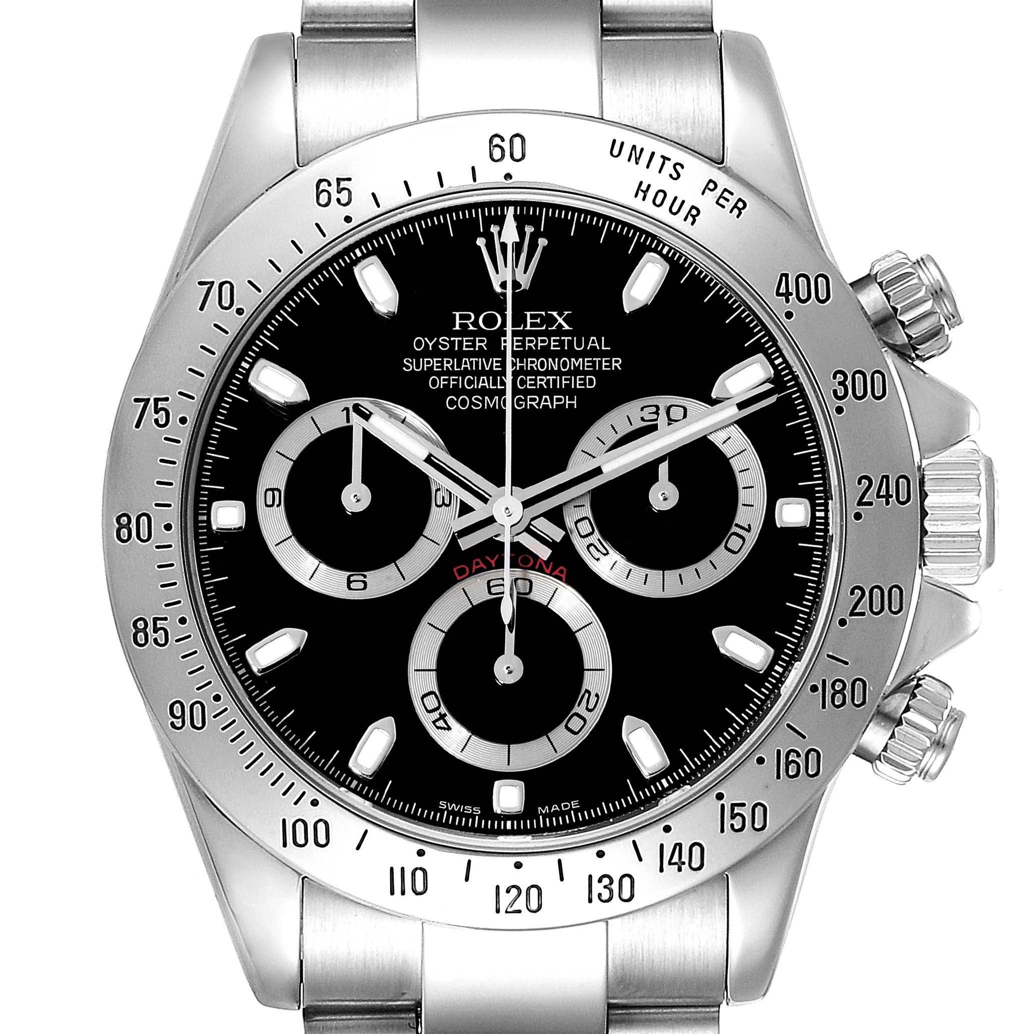 This is a close-up view of the black dial and bezel of a Rolex Daytona 116520 Men's Stainless Steel Black Dial 116520 Men's Stainless Steel Black Dial watch, showing its chronograph subdials and crown.