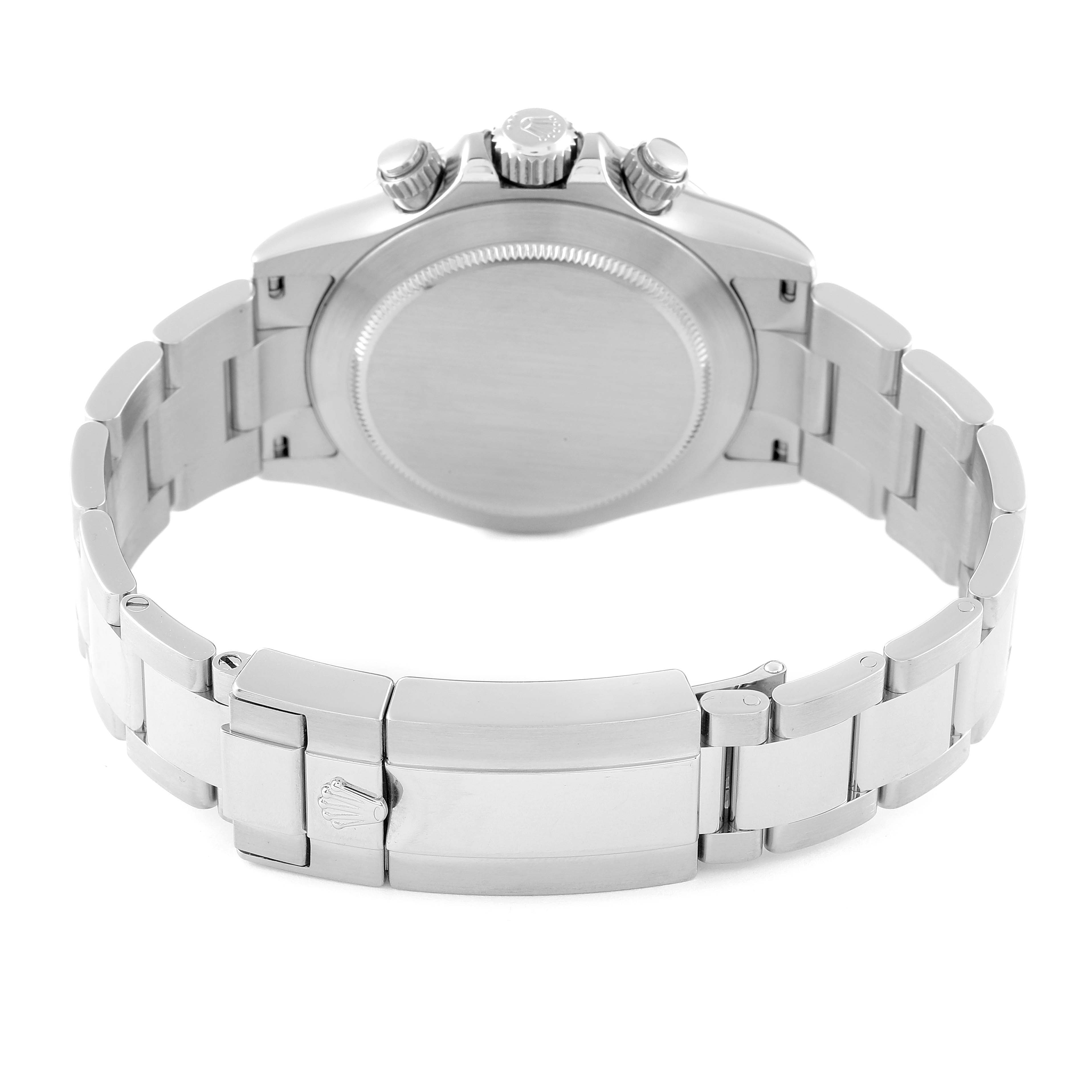 The image shows the backside and clasp of a Rolex Daytona 116520 Men's Stainless Steel Black Dial 116520 Men's Stainless Steel Black Dial watch in a straight rear angle.