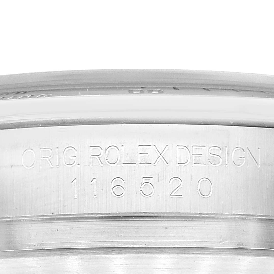 The image shows an engraved side view of a Rolex Daytona 116520 Men's Stainless Steel Black Dial 116520 Men's Stainless Steel Black Dial watch case with the model number 116520.