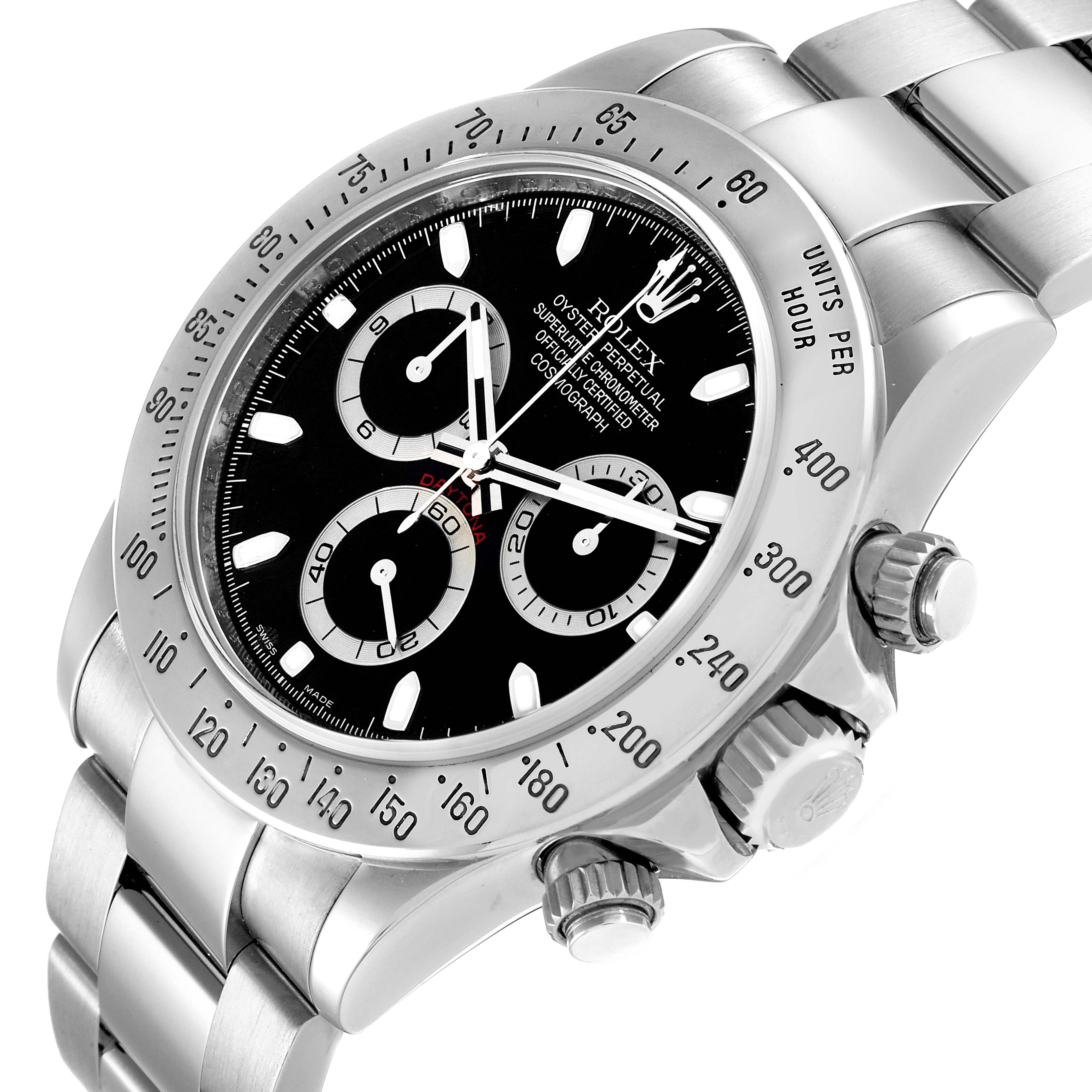 The Rolex Daytona 116520 Men's Stainless Steel Black Dial 116520 Men's Stainless Steel Black Dial watch is shown at a three-quarter angle, displaying the face, bezel, crown, and part of the bracelet.