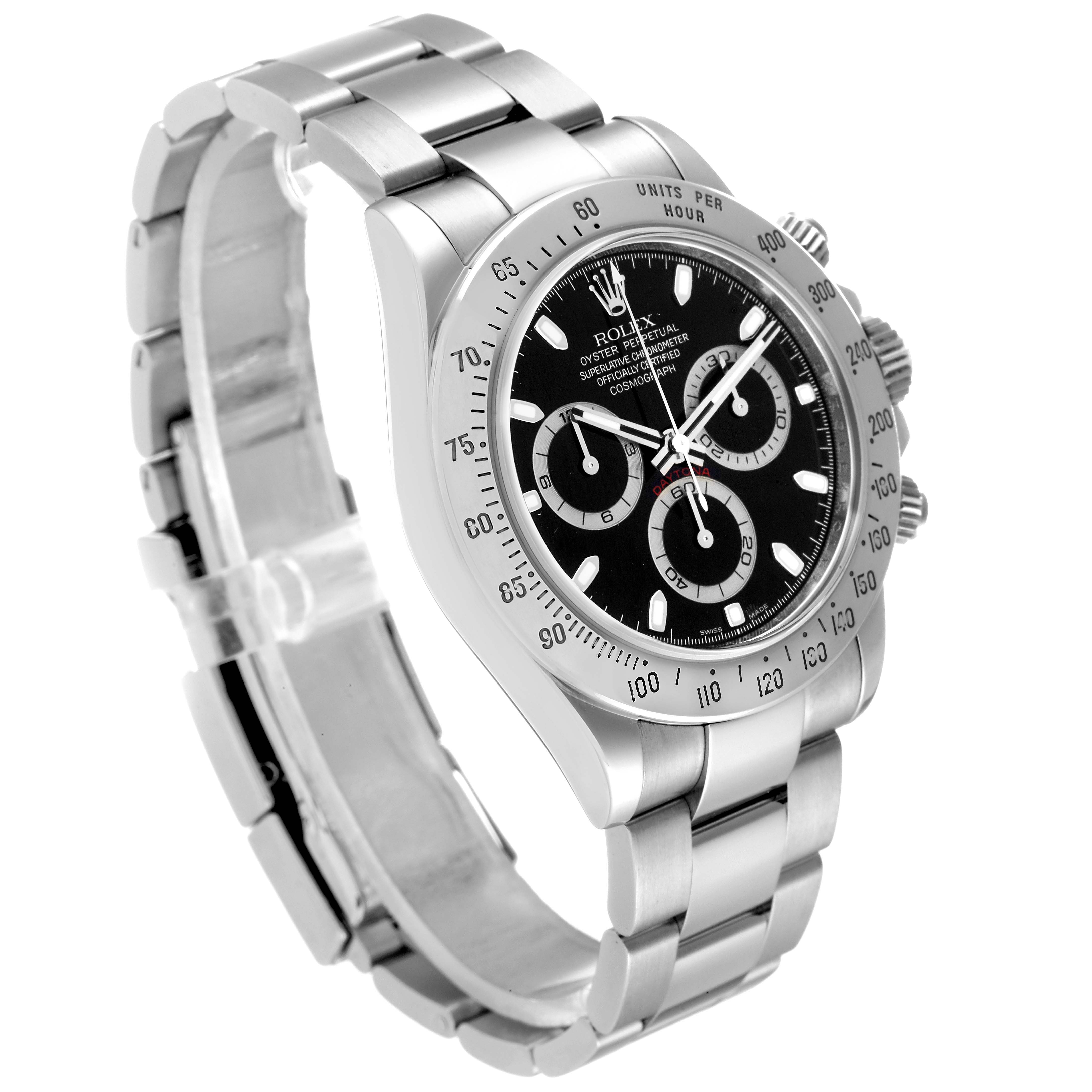 This image shows a side angle of the Rolex Daytona 116520 Men's Stainless Steel Black Dial 116520 Men's Stainless Steel Black Dial watch, highlighting the face, bezel, and bracelet.