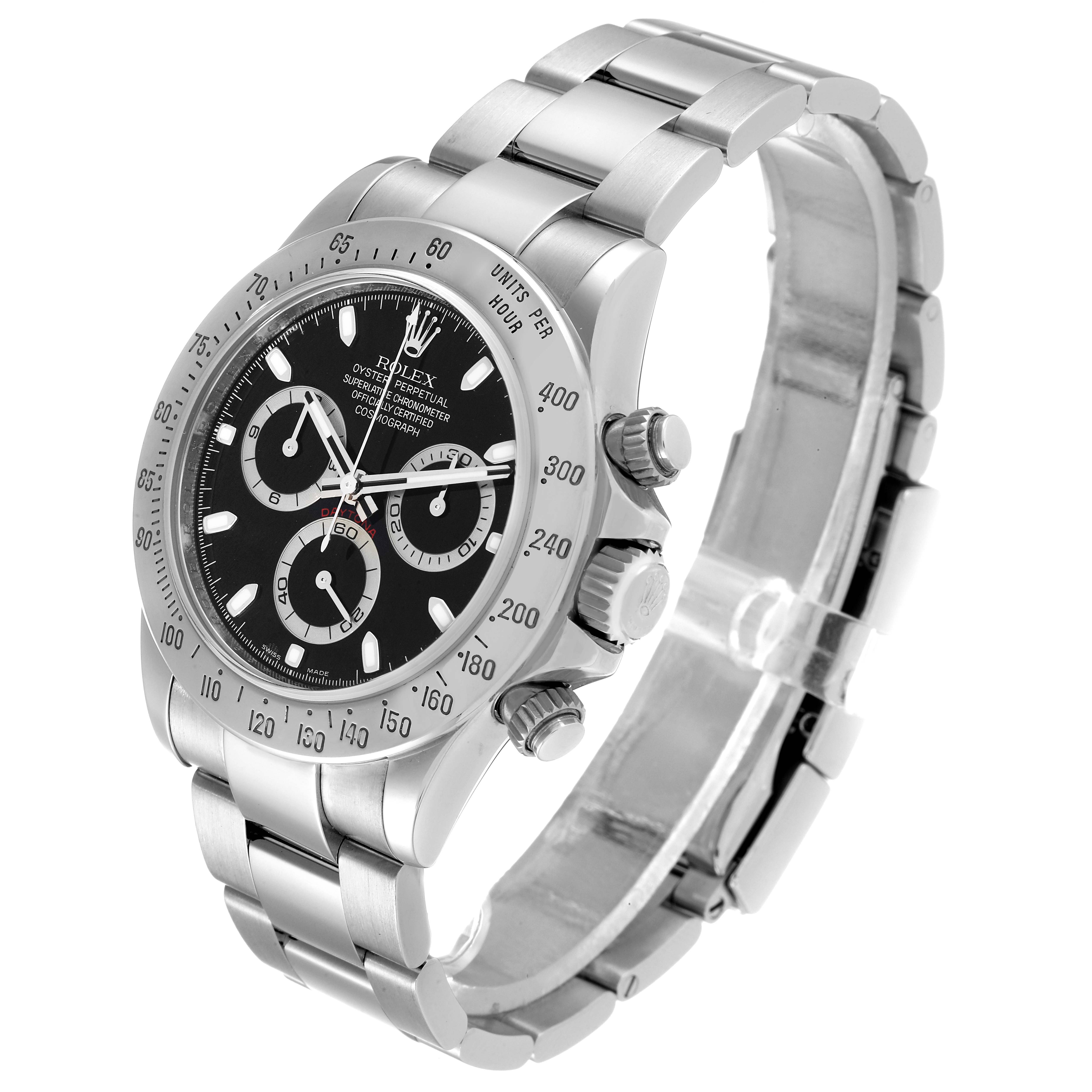 The image shows a side-angle view of a Rolex Daytona 116520 Men's Stainless Steel Black Dial 116520 Men's Stainless Steel Black Dial watch, highlighting the bracelet, bezel, and face.
