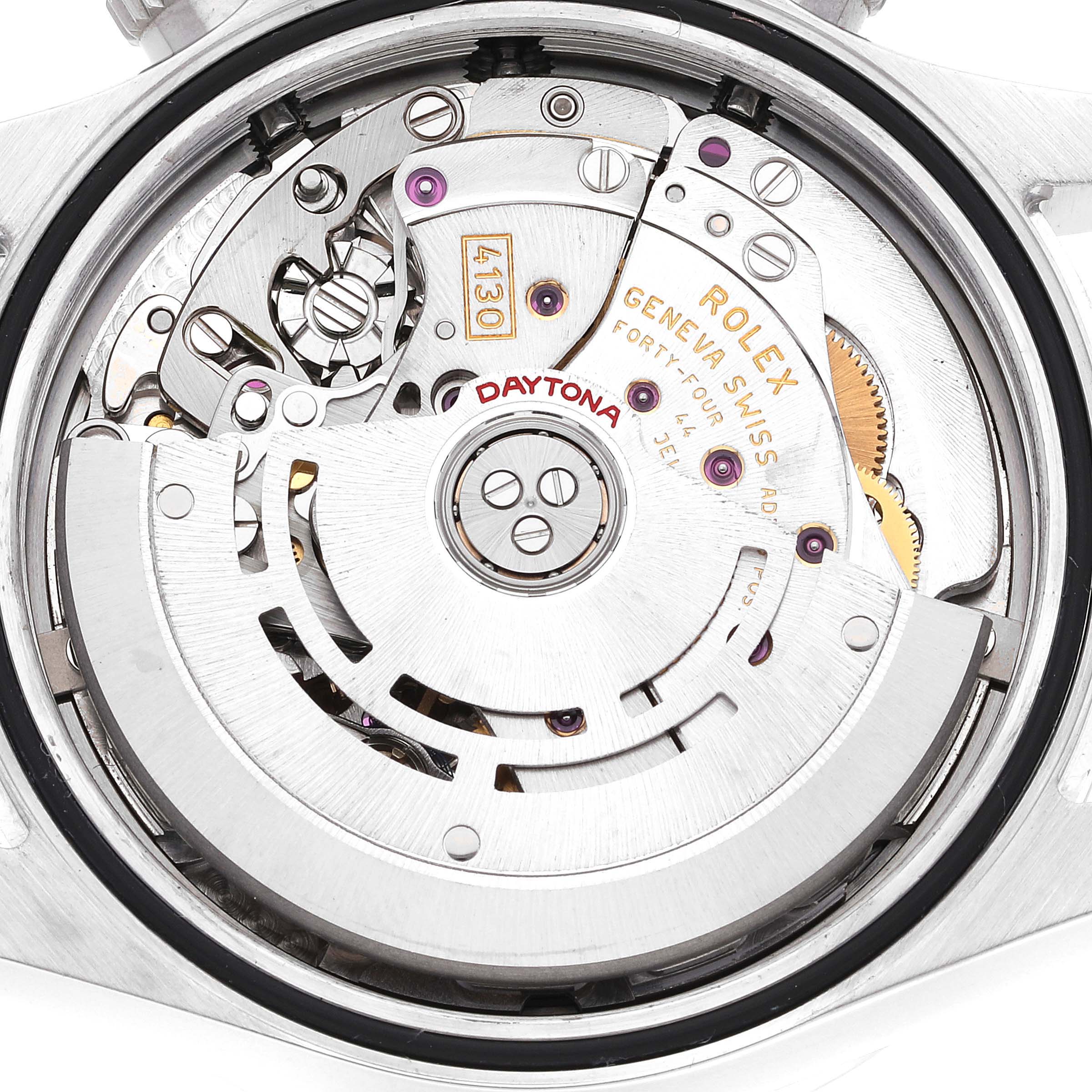 The image shows the movement mechanism of a Rolex Daytona 116520 Men's Stainless Steel Black Dial 116520 Men's Stainless Steel Black Dial watch from the back angle.