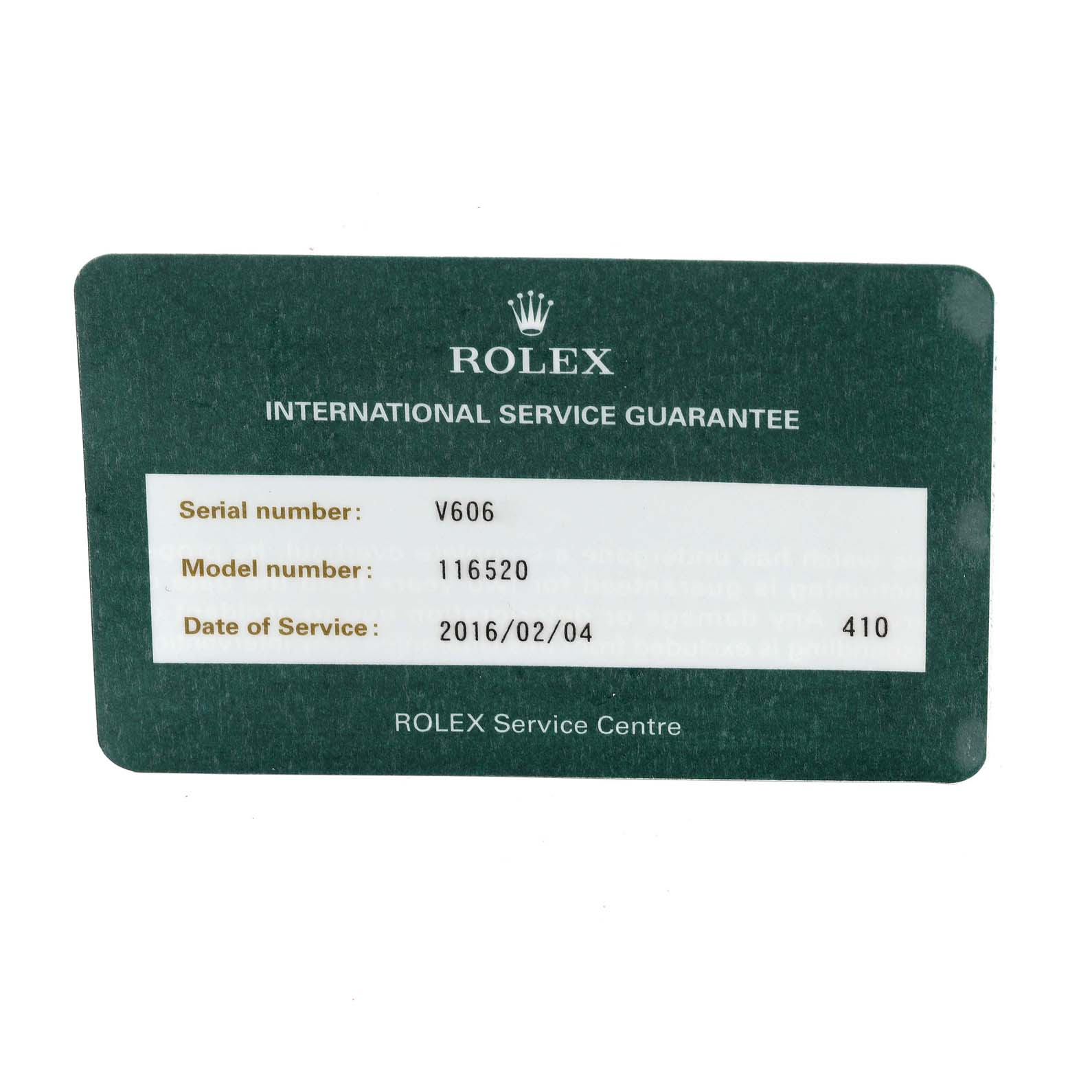 This image shows the front of a Rolex International Service Guarantee card for the Daytona model, containing serial and model numbers along with the service date.