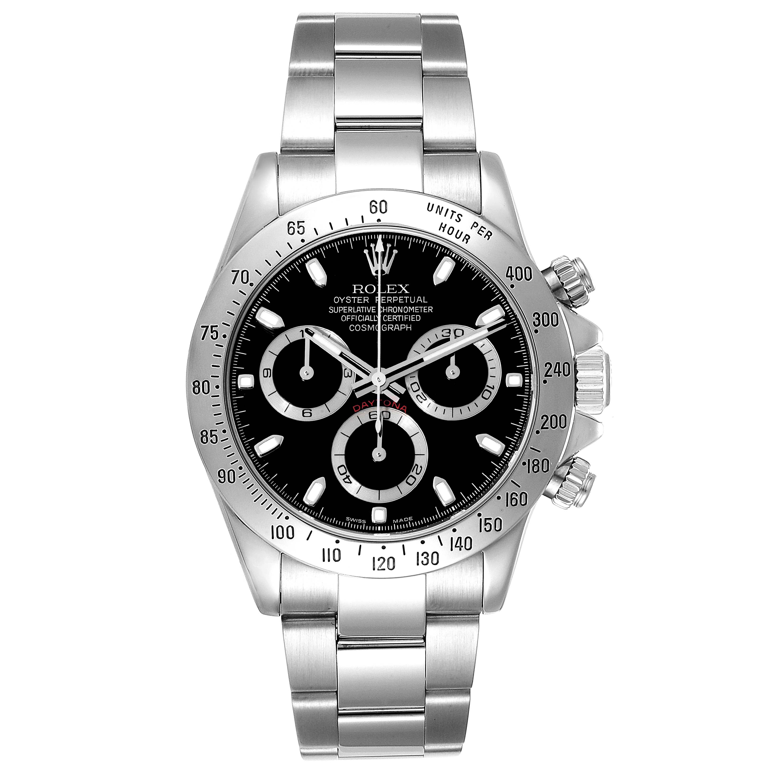 The Rolex Daytona 116520 Men's Stainless Steel Black Dial 116520 Men's Stainless Steel Black Dial watch is shown from a front angle, displaying the dial, chronograph sub-dials, bezel, and bracelet.