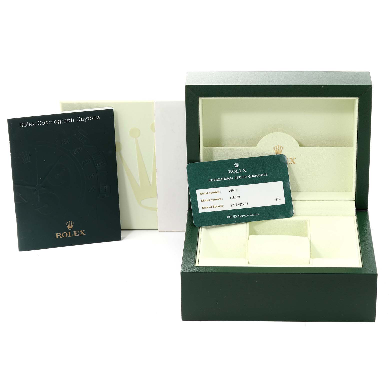 The image shows an open Rolex Daytona 116520 Men's Stainless Steel Black Dial 116520 Men's Stainless Steel Black Dial watch box, warranty card, and manuals, focusing on the packaging and accessories.