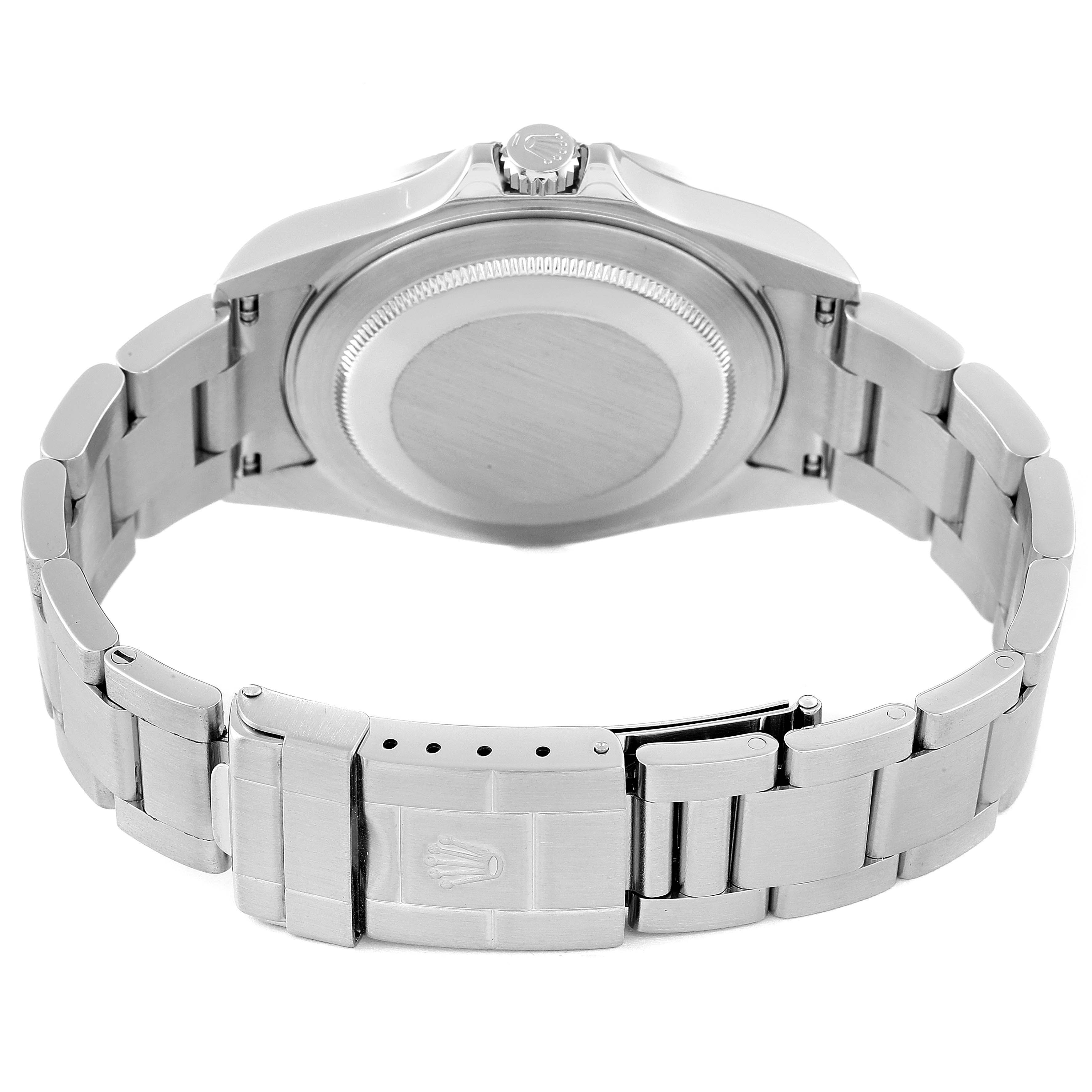 This image shows the back case and bracelet of a Rolex Explorer 16570T Men
s Stainless Steel Black Dial 16570T Men
s Stainless Steel Black Dial watch from a rear angle.