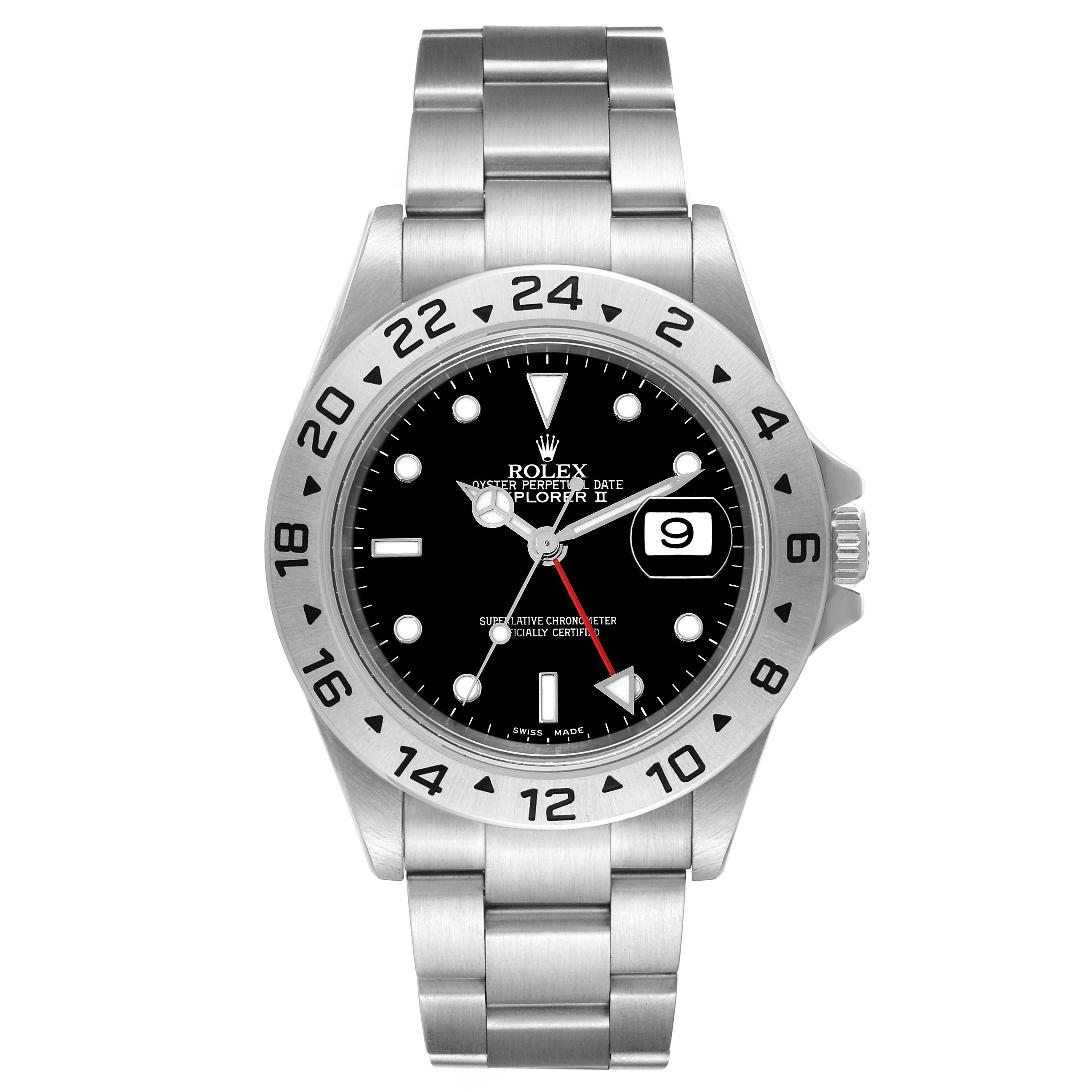 The image shows a front view of an Explorer model by Rolex, displaying the face, bezel, and bracelet.