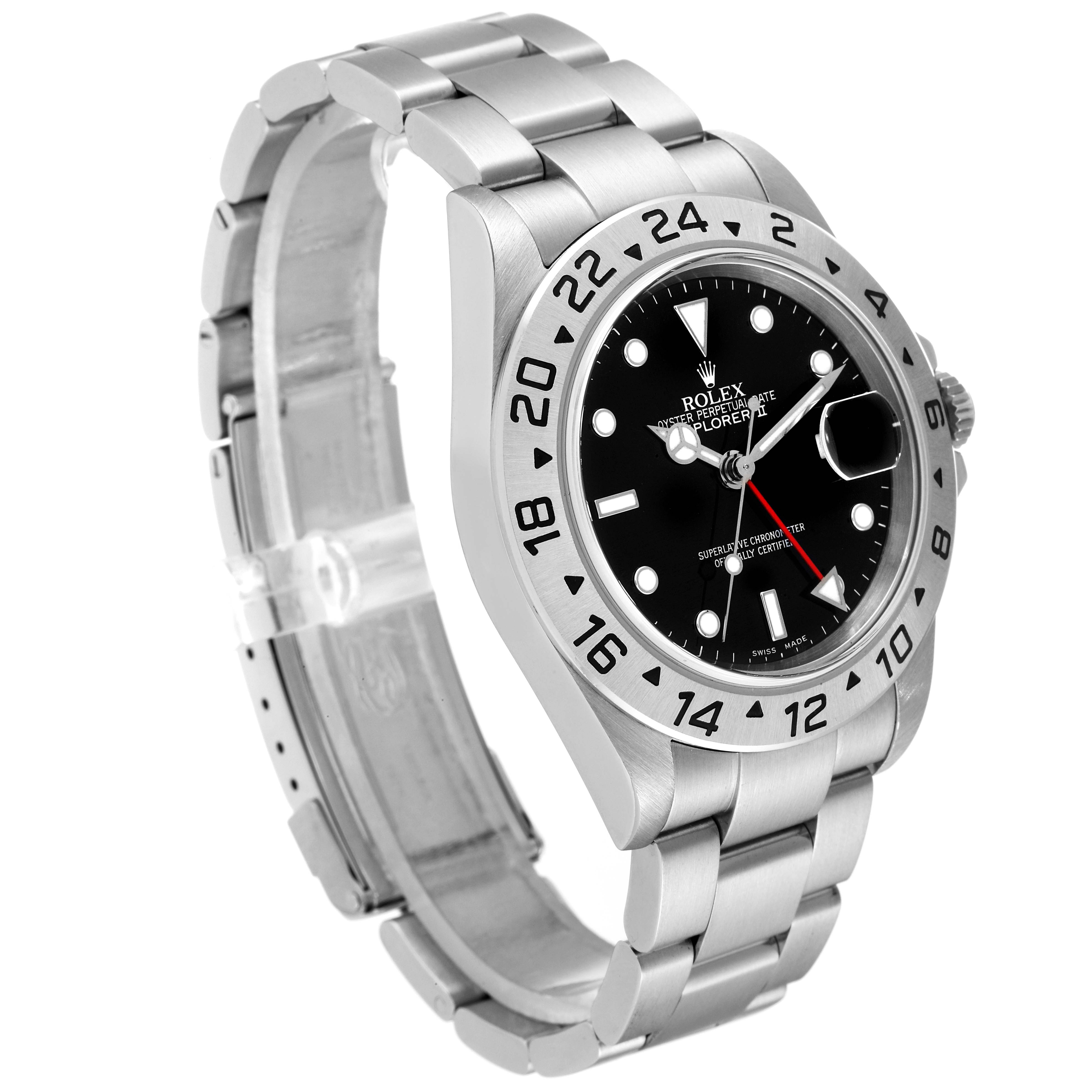 This image shows a Rolex Explorer 16570T Men
s Stainless Steel Black Dial 16570T Men
s Stainless Steel Black Dial watch angled from the left side, displaying its bezel, dial, bracelet, and part of the clasp.