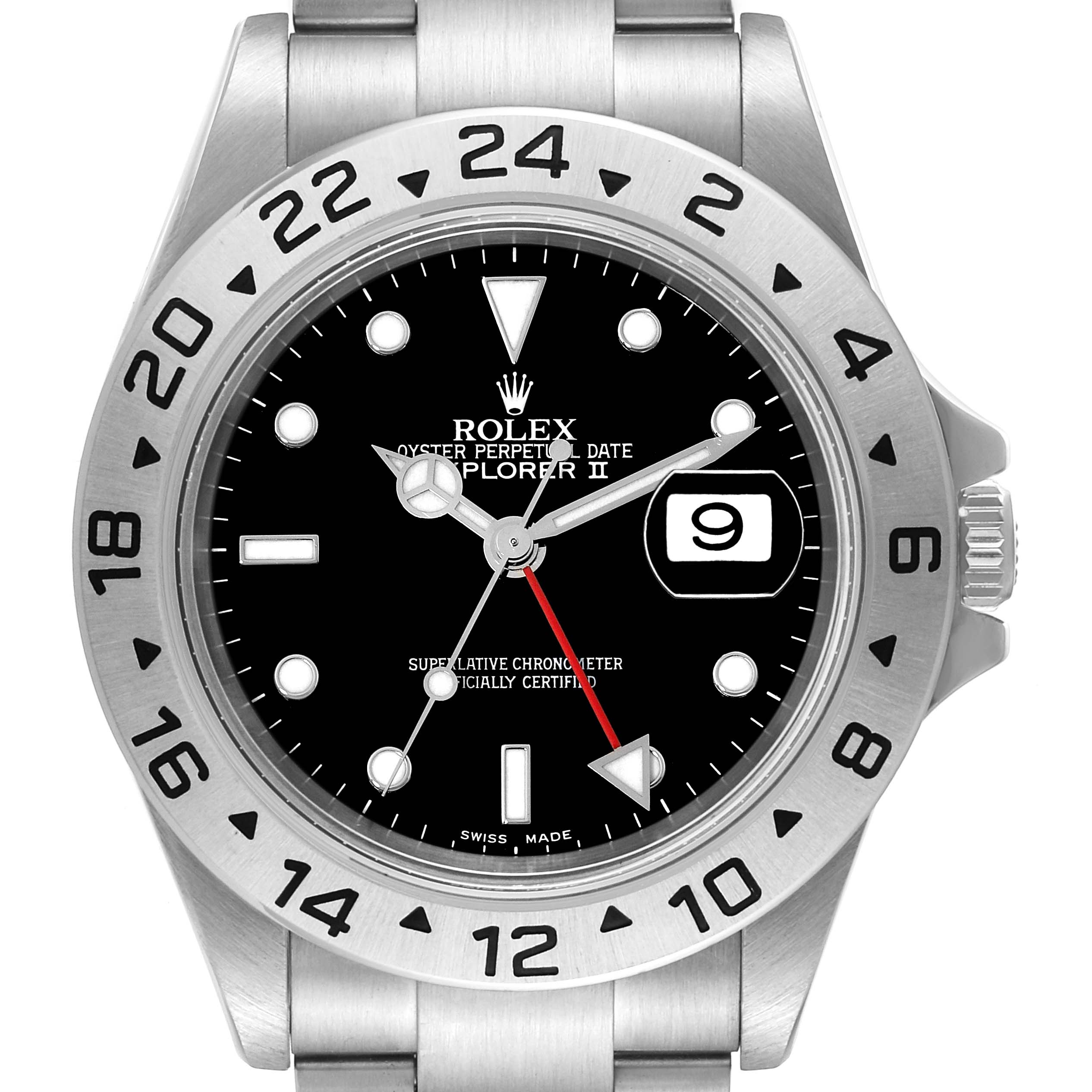 The image shows a front view of a Rolex Explorer 16570T Men
s Stainless Steel Black Dial 16570T Men
s Stainless Steel Black Dial watch, highlighting its dial, bezel, date window, and bracelet.