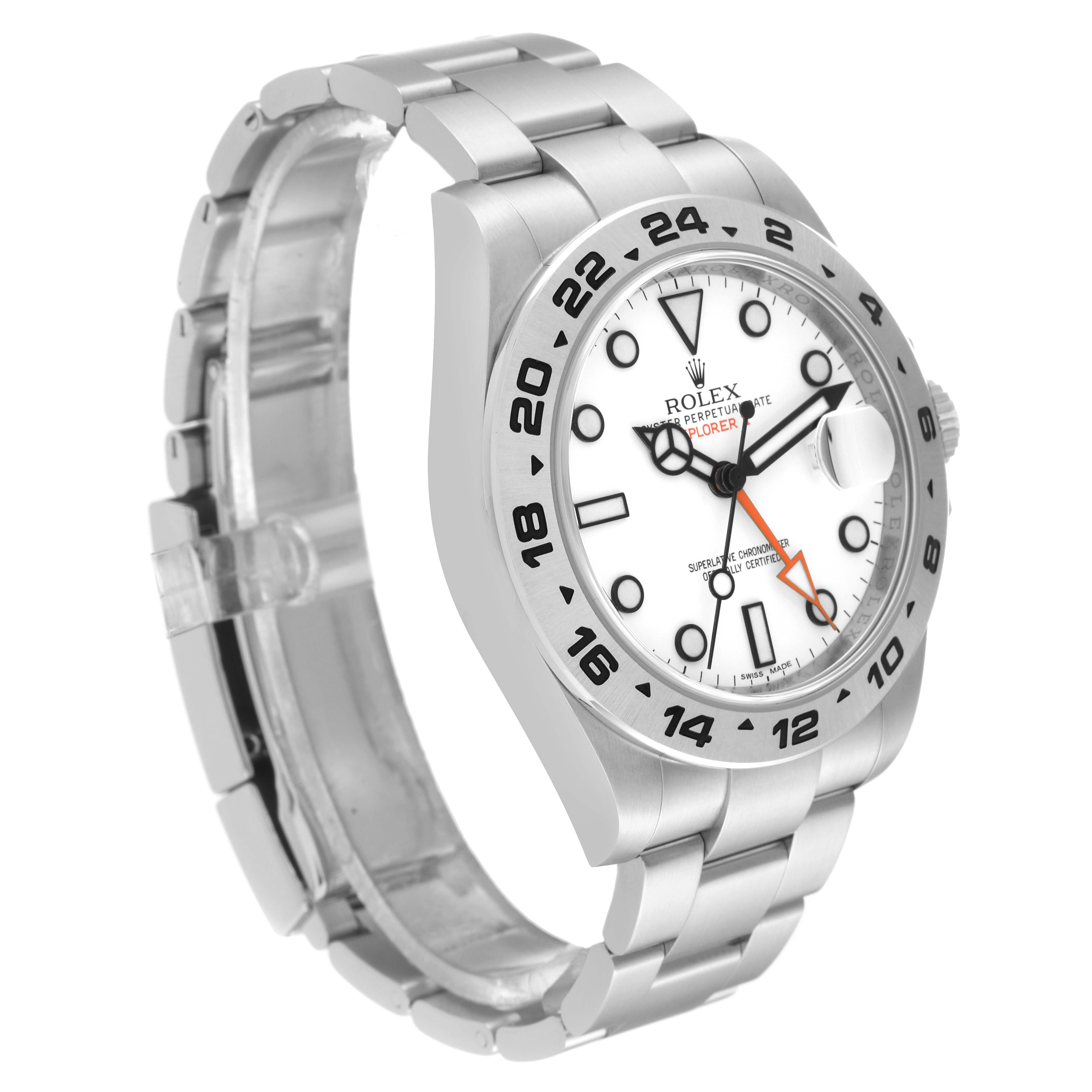 The image shows a side angle of the Rolex Explorer 216570 Men
s Stainless Steel White Dial 216570 Men
s Stainless Steel White Dial watch, highlighting its bracelet, bezel, and dial.