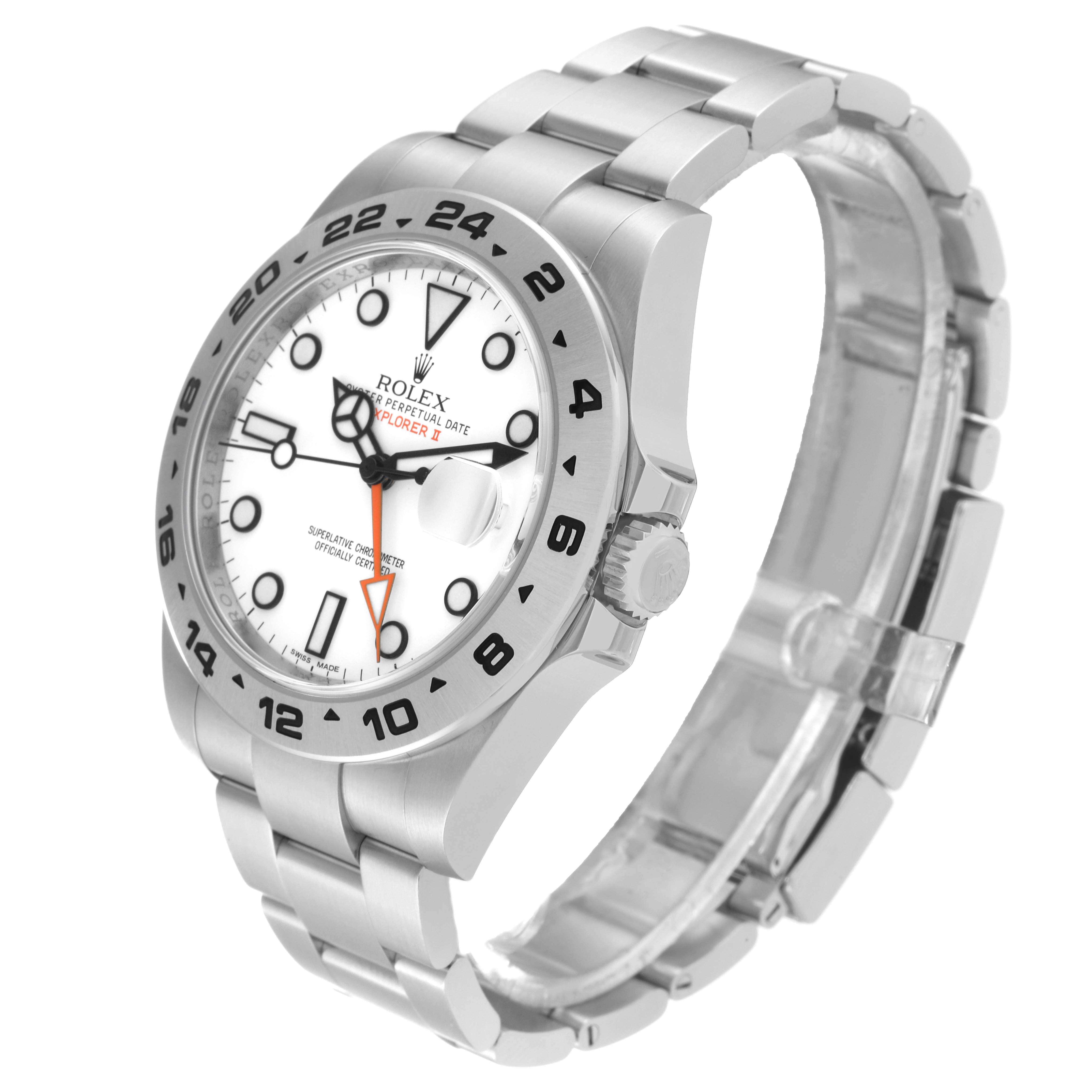 This image shows a side and top angle of the Rolex Explorer 216570 Men
s Stainless Steel White Dial 216570 Men
s Stainless Steel White Dial watch, highlighting its silver bracelet, crown, and white dial.