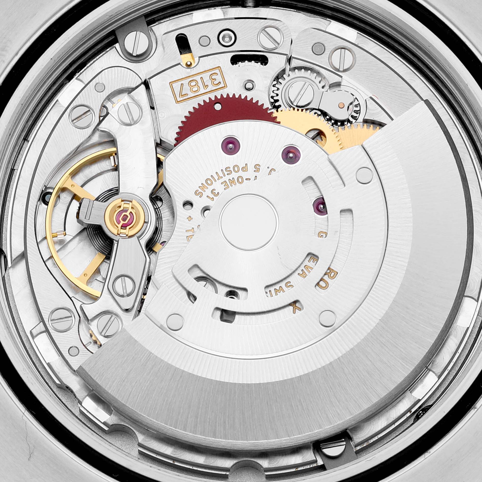 The image shows the intricate internal mechanical movement of a Rolex Explorer 216570 Men
s Stainless Steel White Dial 216570 Men
s Stainless Steel White Dial watch from a top-down angle.