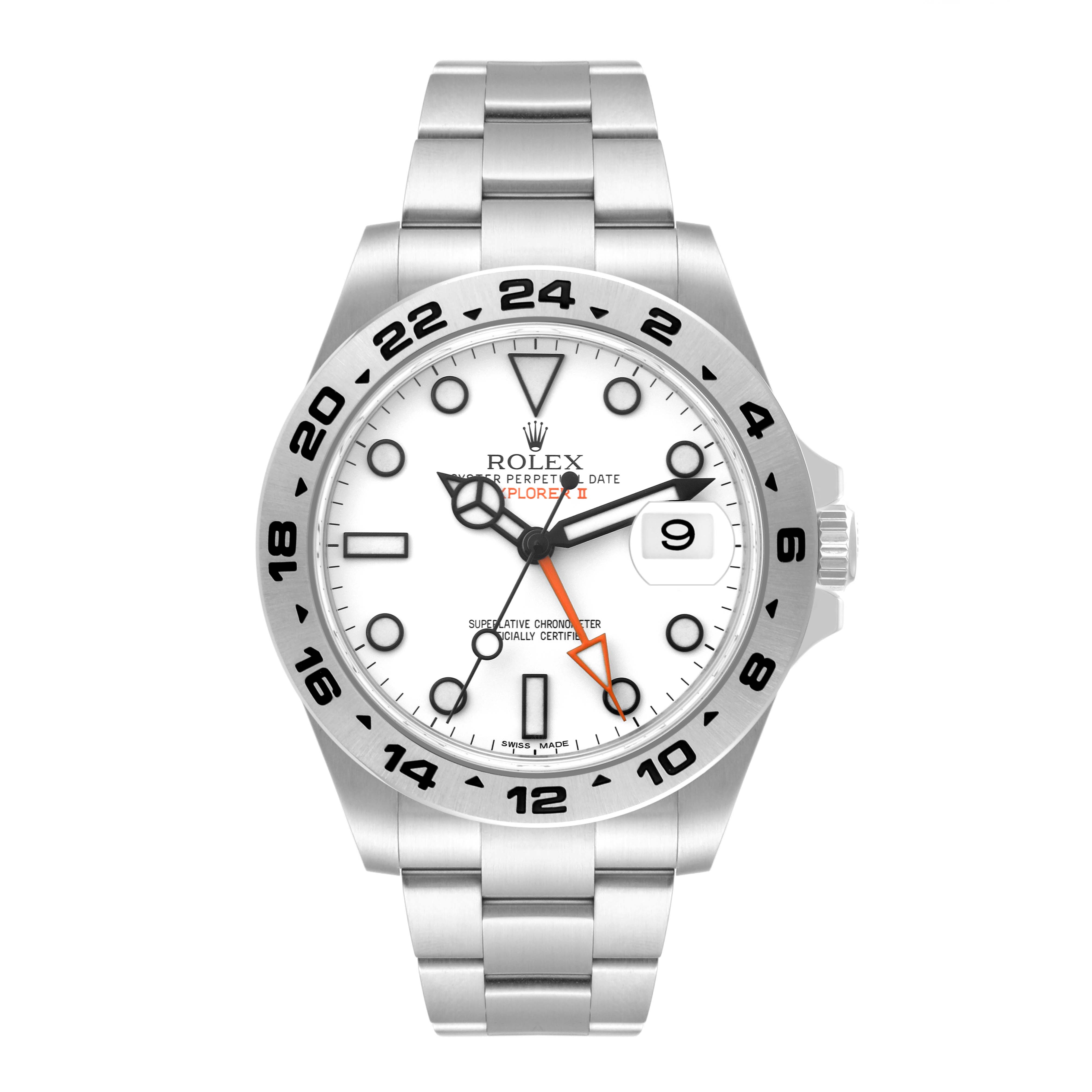 This image shows a front view of the Rolex Explorer 216570 Men
s Stainless Steel White Dial 216570 Men
s Stainless Steel White Dial watch, highlighting the white dial, hands, date window, and stainless steel bracelet.
