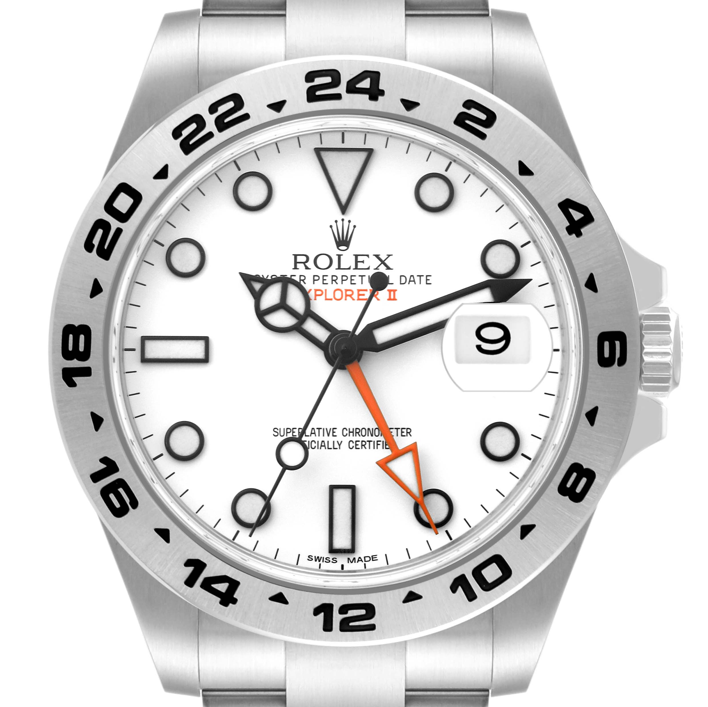 The image shows a front view of the Rolex Explorer 216570 Men
s Stainless Steel White Dial 216570 Men
s Stainless Steel White Dial watch, highlighting its dial, bezel, hands, and bracelet.