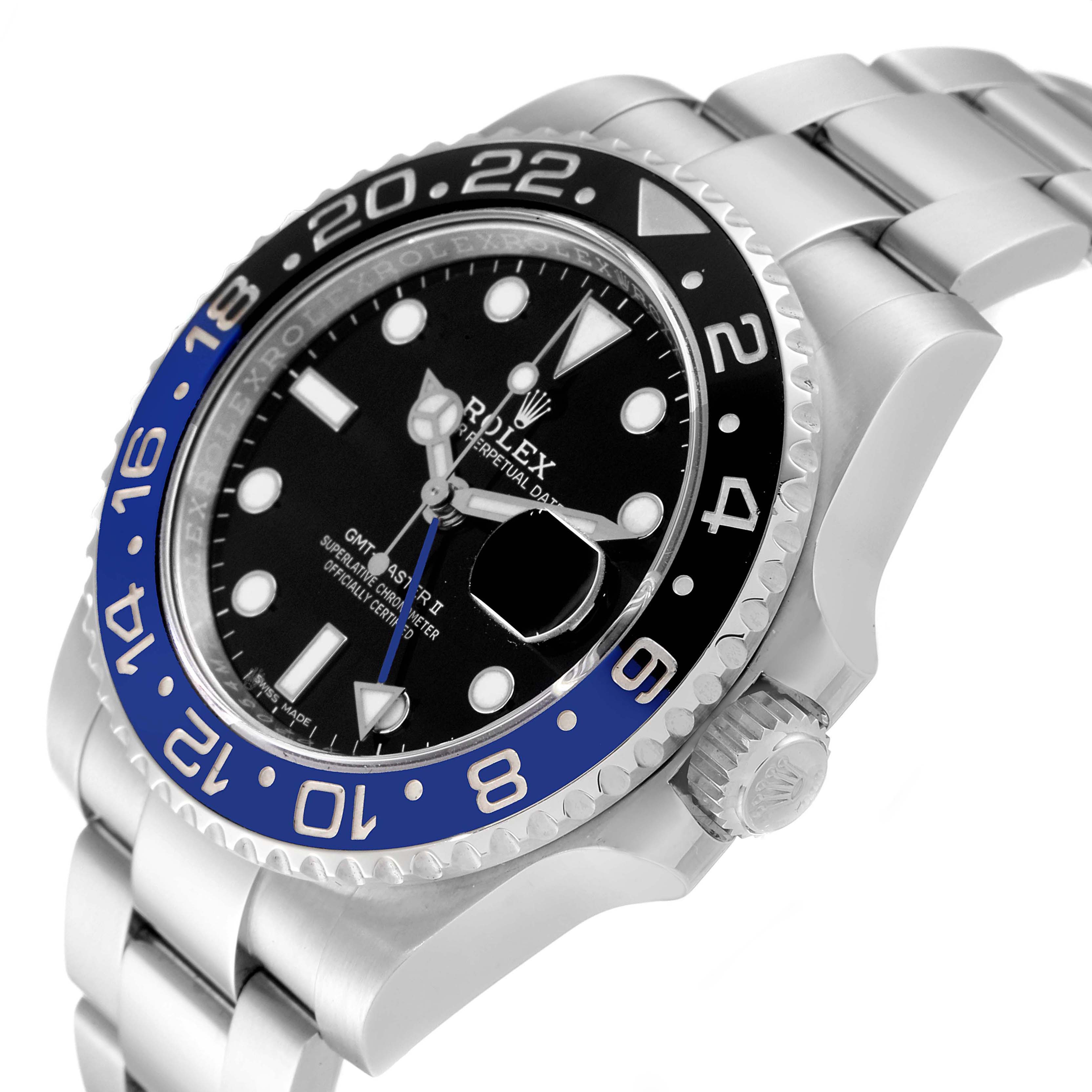 This image shows the face and bezel of a Rolex GMT-Master 116710 Men
s Stainless Steel Black Dial 116710 Men
s Stainless Steel Black Dial watch at an angle highlighting the crown and part of the bracelet.