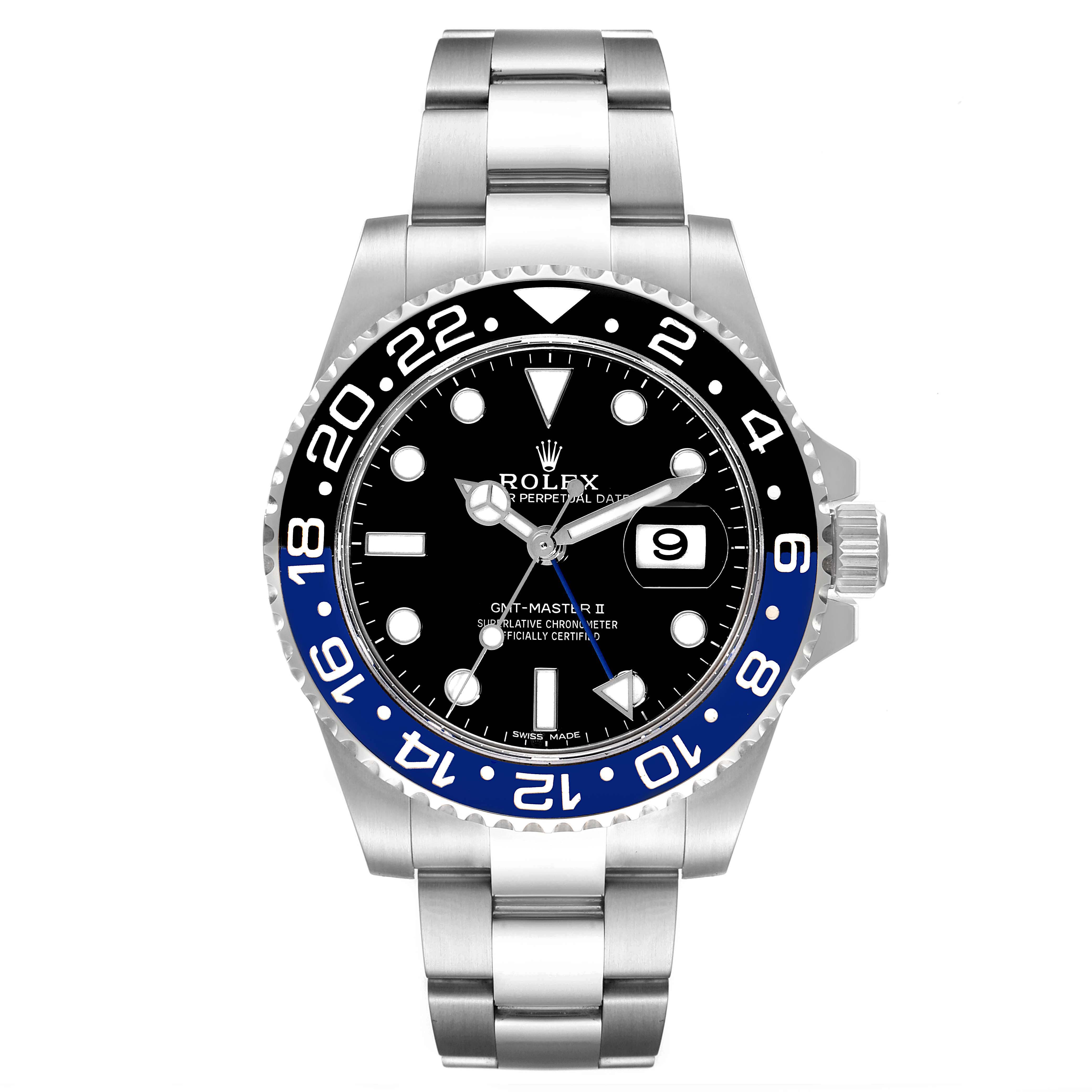 The image shows a front view of the Rolex GMT-Master 116710 Men
s Stainless Steel Black Dial 116710 Men
s Stainless Steel Black Dial II watch, showcasing its dial, bezel, and stainless steel bracelet.
