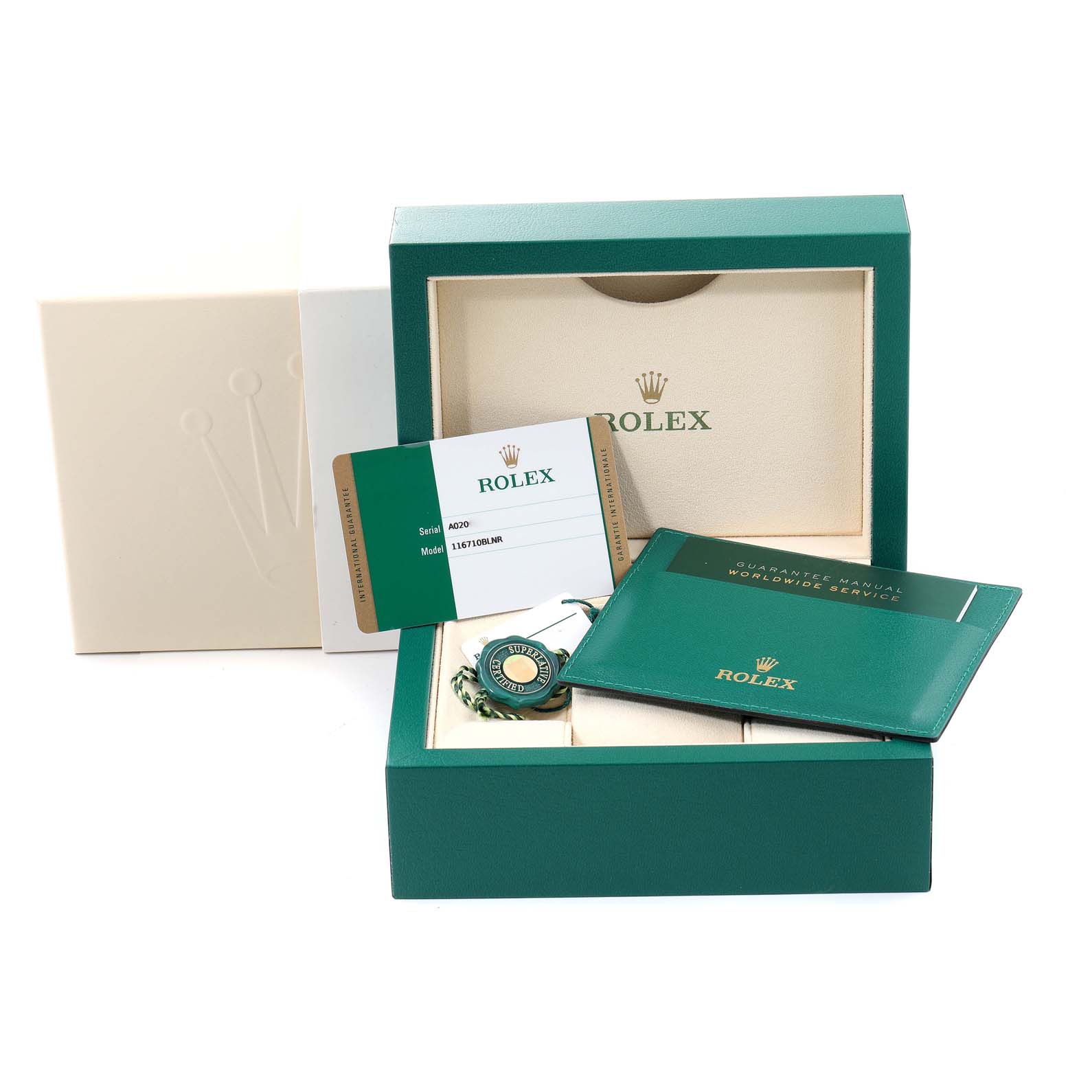 The image shows the open packaging, guarantee manual, card, and tag for a Rolex GMT-Master 116710 Men
s Stainless Steel Black Dial 116710 Men
s Stainless Steel Black Dial watch.