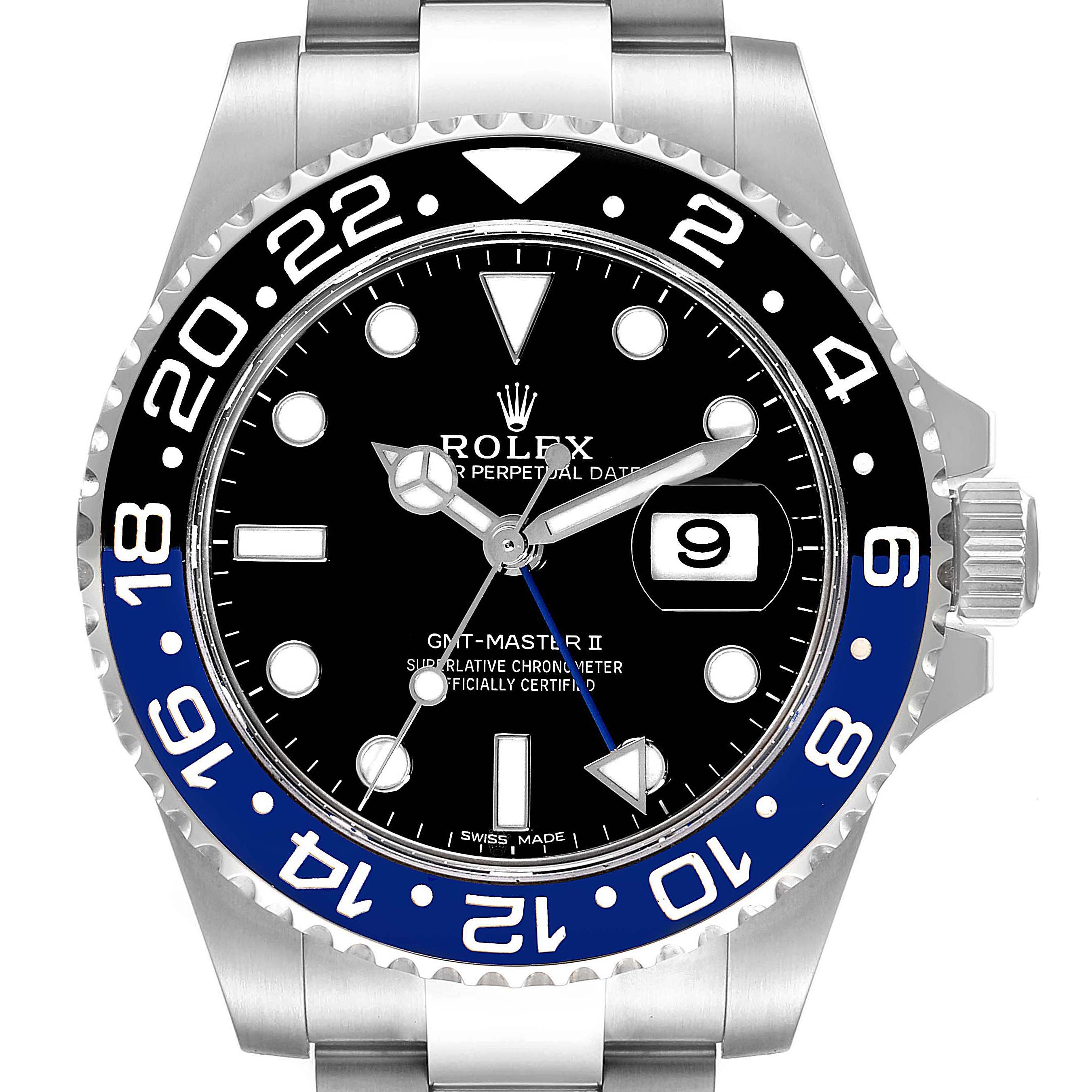 The image shows a front view of the Rolex GMT-Master 116710 Men
s Stainless Steel Black Dial 116710 Men
s Stainless Steel Black Dial II, highlighting the bezel, dial, and crown.