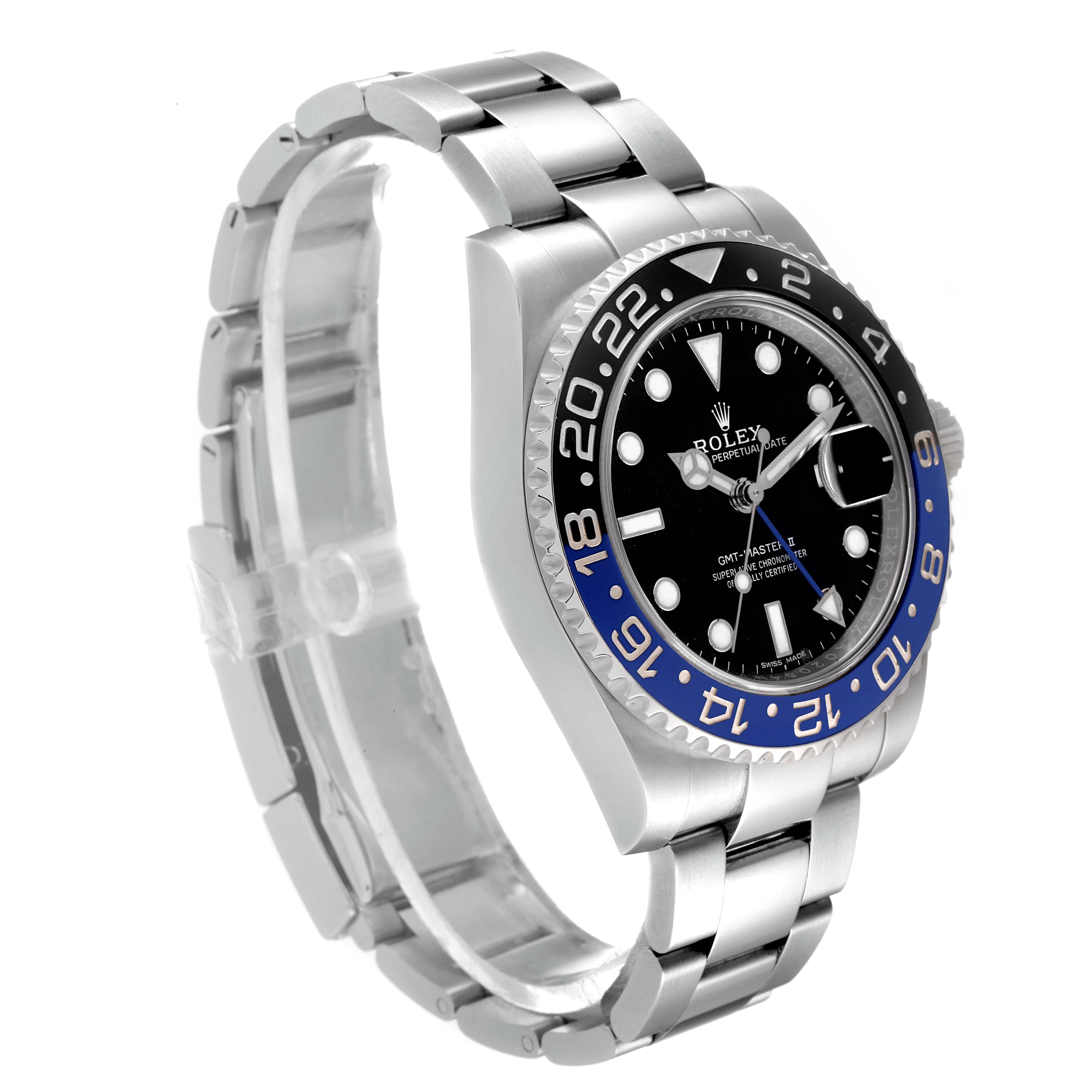 The image shows a side angle of a Rolex GMT-Master 116710 Men
s Stainless Steel Black Dial 116710 Men
s Stainless Steel Black Dial watch highlighting its bezel, dial, and stainless steel bracelet.