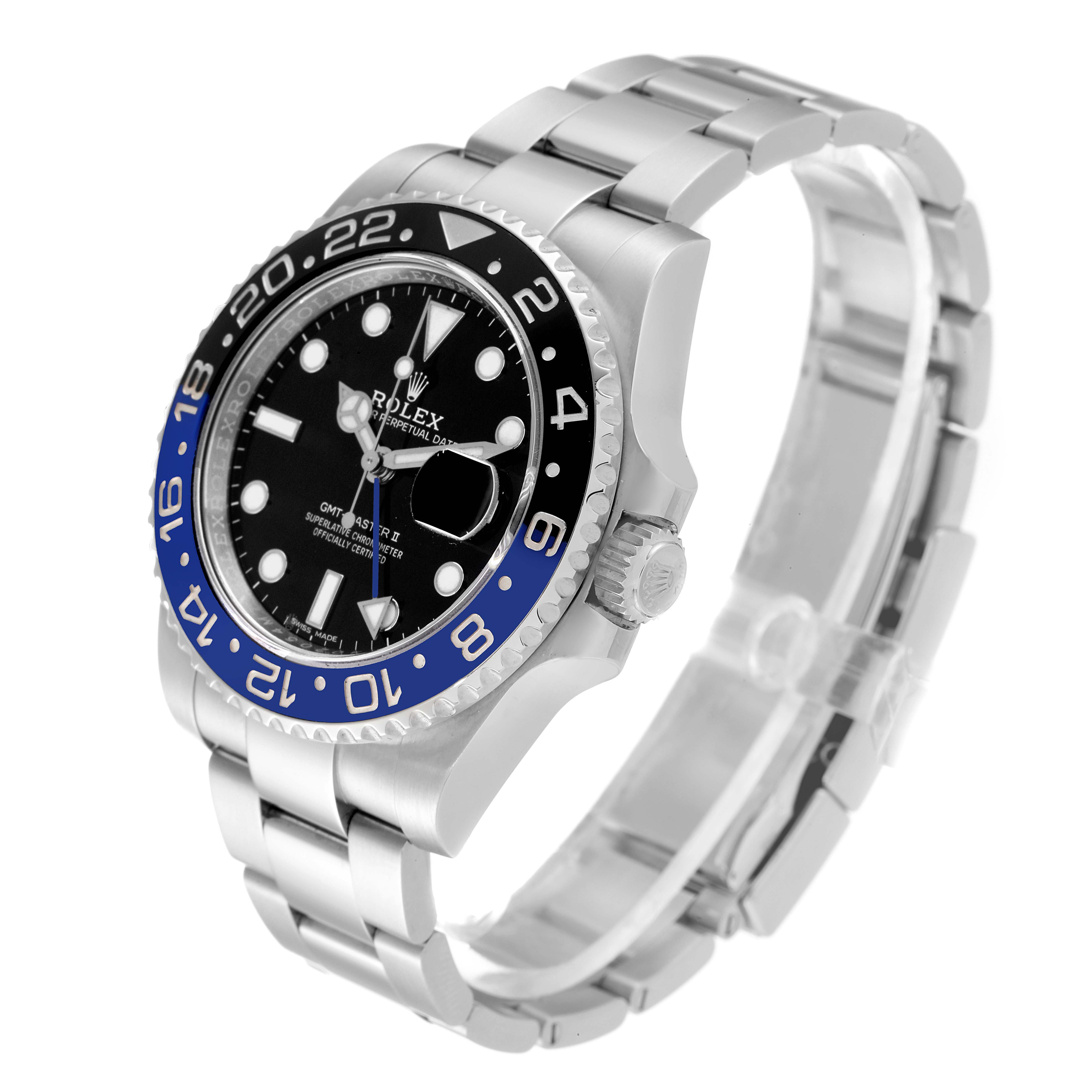 The image shows a Rolex GMT-Master 116710 Men
s Stainless Steel Black Dial 116710 Men
s Stainless Steel Black Dial watch at a three-quarter angle, highlighting its dial, bezel, and bracelet.