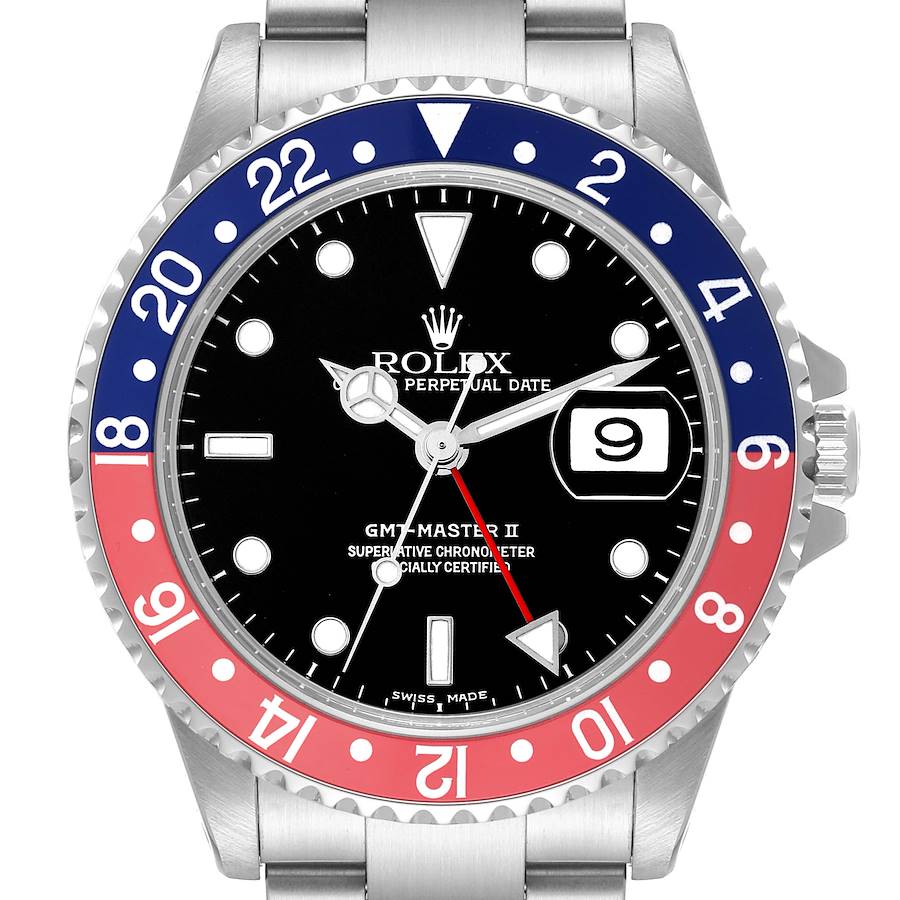 The Rolex GMT-Master watch is shown from the front, highlighting the bezel, dial, hands, and date window.