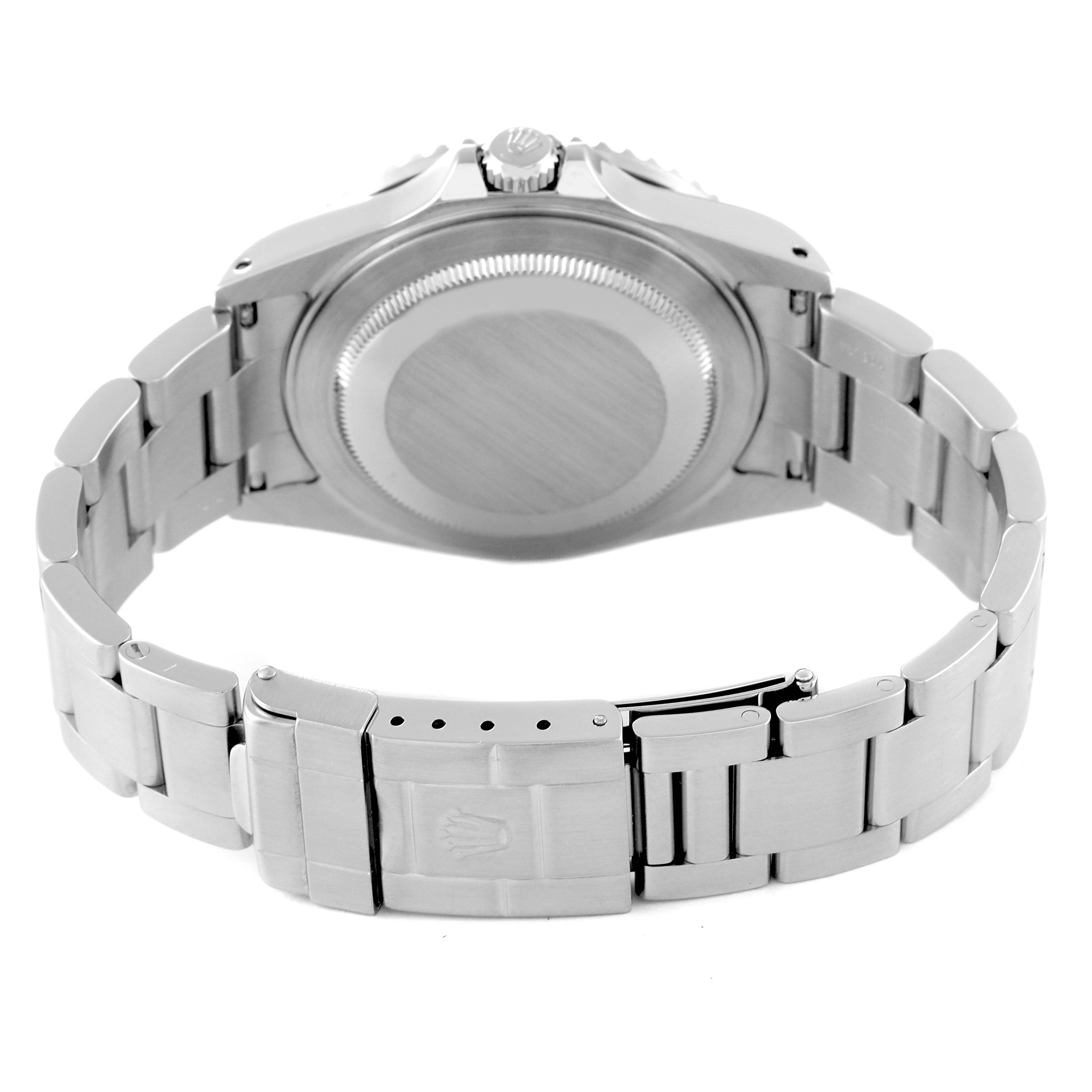 The image shows the back case and bracelet clasp of the Rolex GMT-Master 16710 Men's Stainless Steel Black Dial 16710 Men's Stainless Steel Black Dial watch from a rear angle.