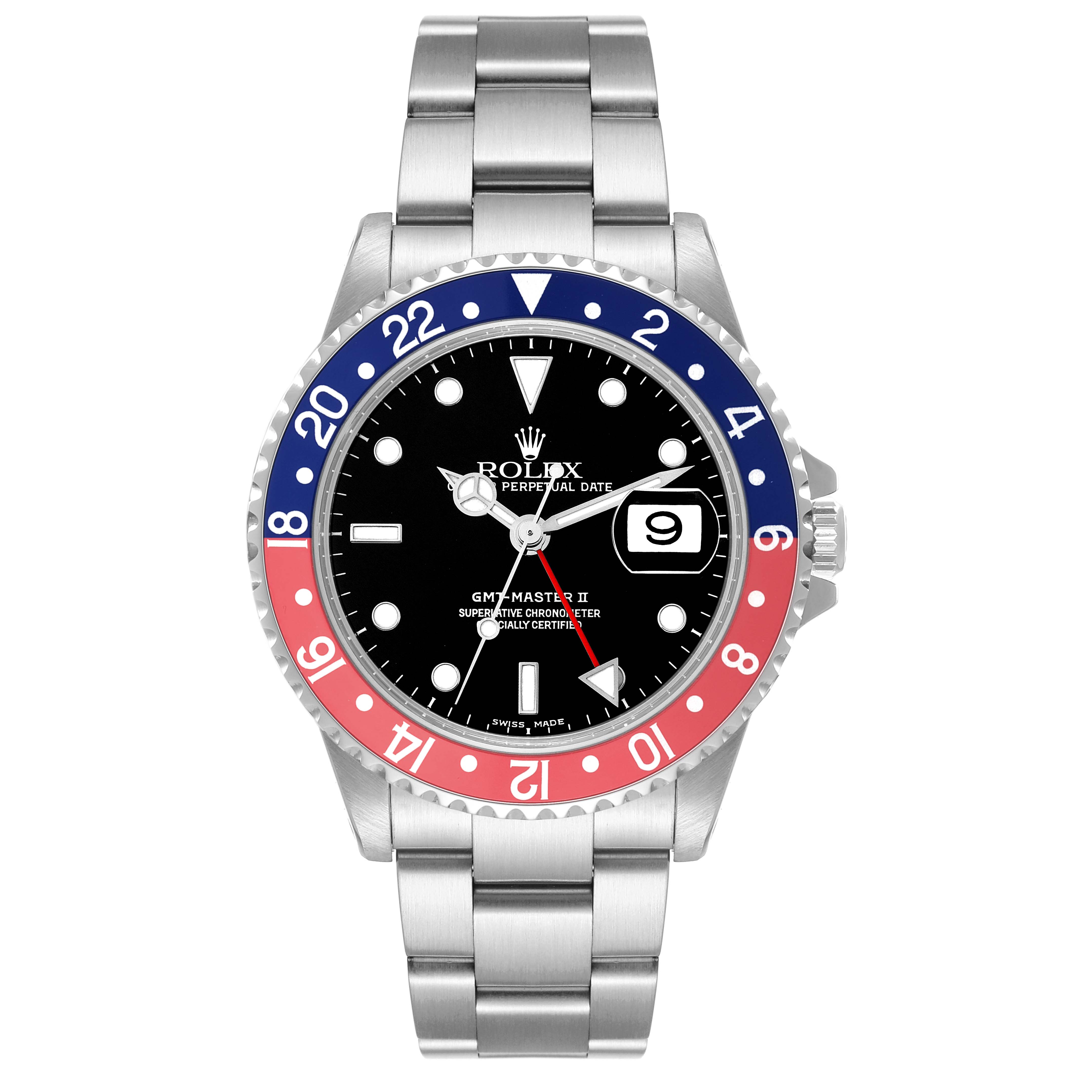 The Rolex GMT-Master 16710 Men's Stainless Steel Black Dial 16710 Men's Stainless Steel Black Dial watch is shown from a front angle, displaying its bezel, dial, and bracelet.