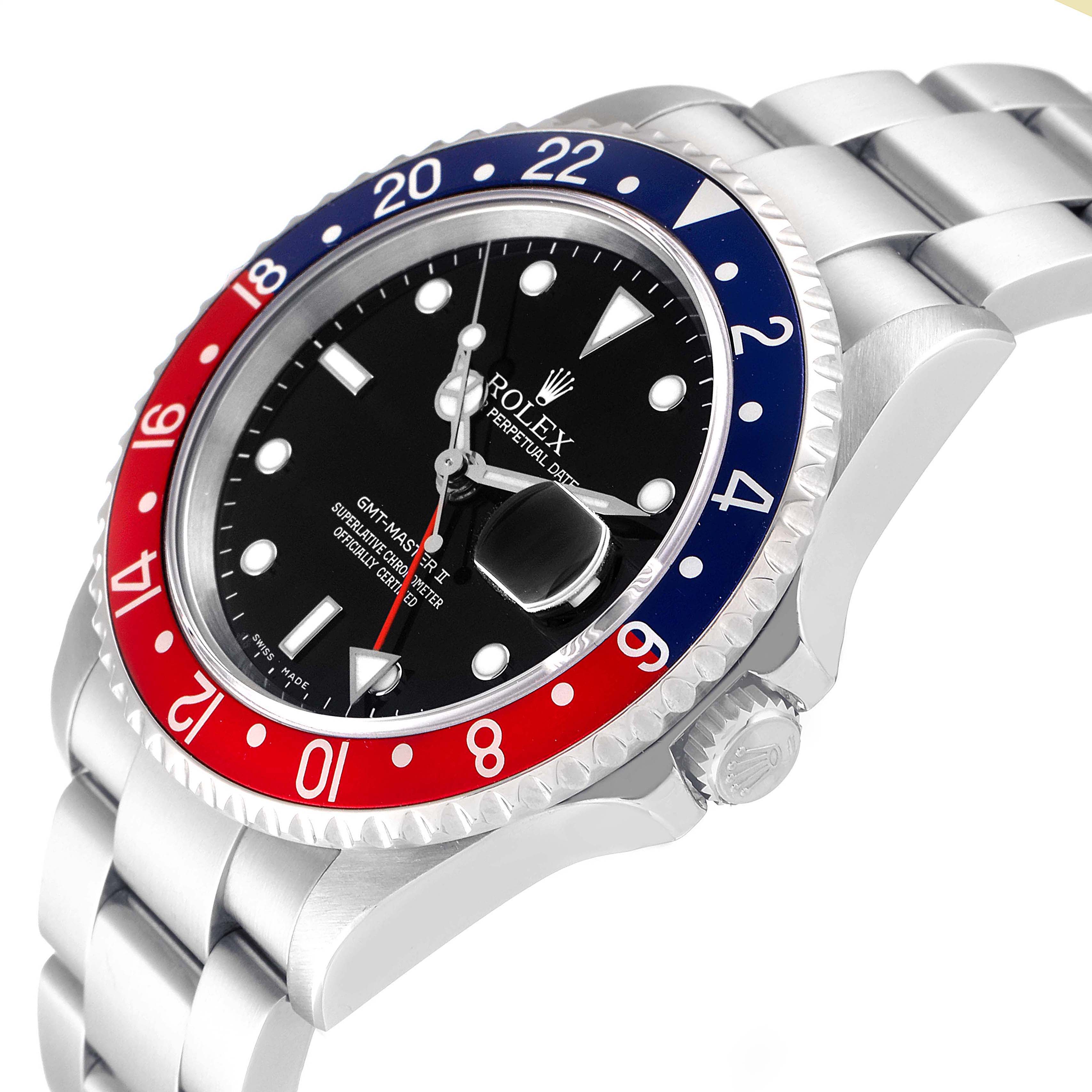 The image shows a partial side view of the Rolex GMT-Master 16710 Men's Stainless Steel Black Dial 16710 Men's Stainless Steel Black Dial watch, highlighting its bezel, dial, case, and bracelet.