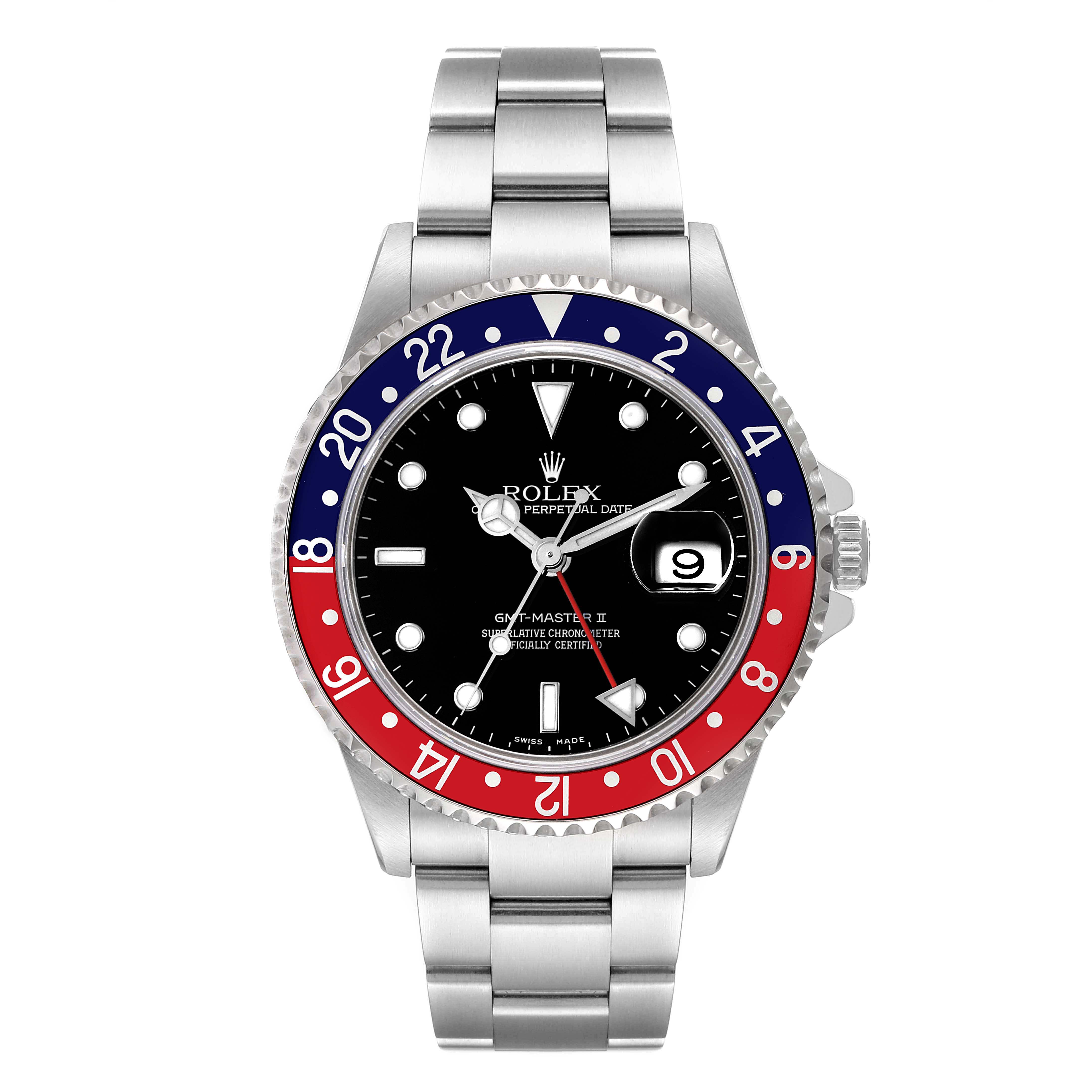 The image shows a front view of a Rolex GMT-Master 16710 Men's Stainless Steel Black Dial 16710 Men's Stainless Steel Black Dial model watch, highlighting its bezel, dial, hands, and bracelet.