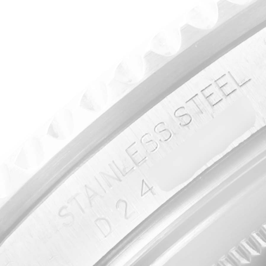 This image shows a close-up angle of the stainless steel case with an engraving of the Rolex GMT-Master 16710 Men's Stainless Steel Black Dial 16710 Men's Stainless Steel Black Dial watch.