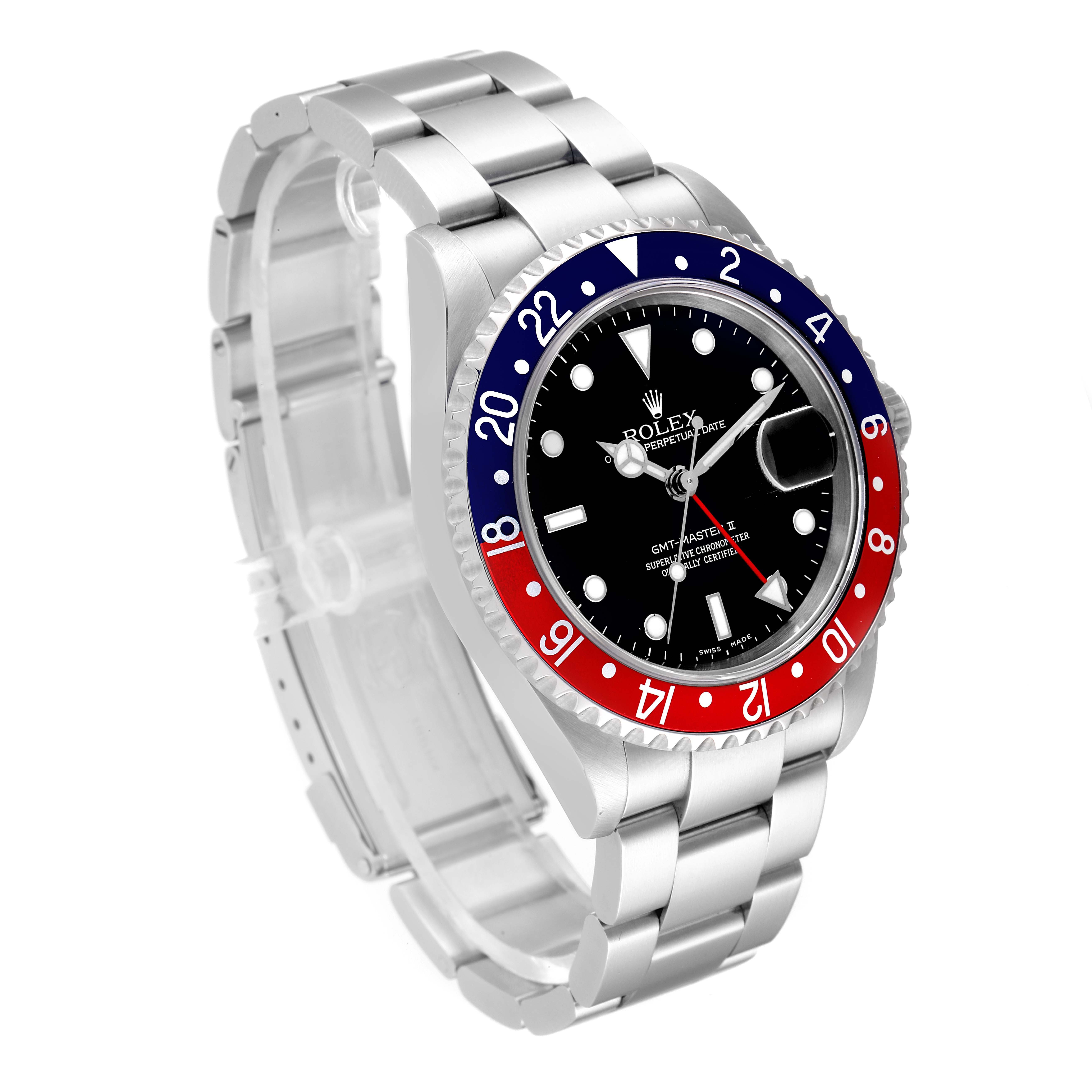 The image shows a Rolex GMT-Master 16710 Men's Stainless Steel Black Dial 16710 Men's Stainless Steel Black Dial watch at an angled view, highlighting the bezel, face, and metal bracelet.