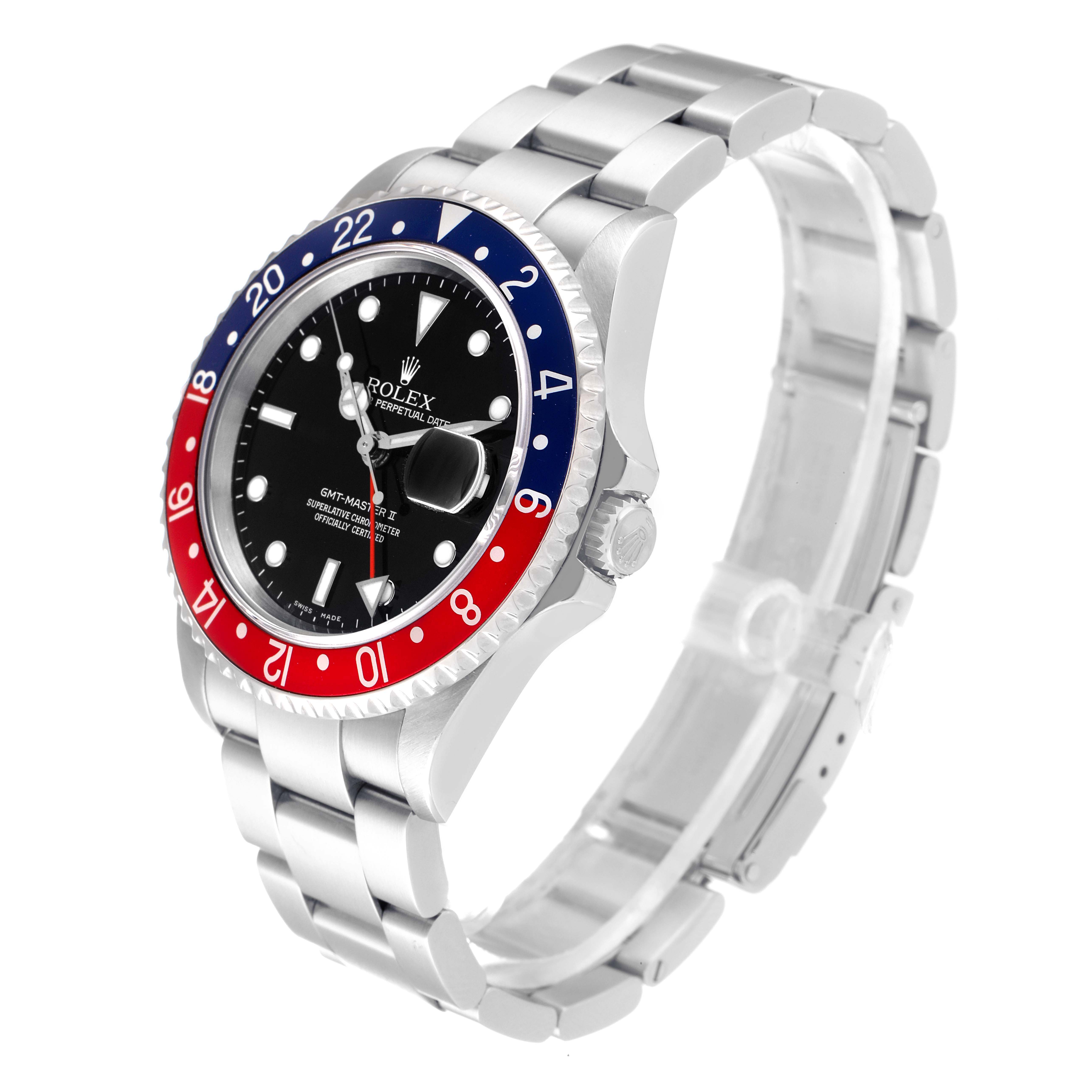 This image shows a Rolex GMT-Master 16710 Men's Stainless Steel Black Dial 16710 Men's Stainless Steel Black Dial watch at a three-quarter angle, highlighting its bezel, dial, and bracelet.