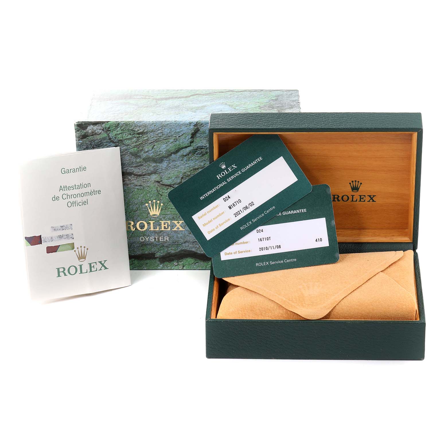 The image shows a Rolex GMT-Master 16710 Men's Stainless Steel Black Dial 16710 Men's Stainless Steel Black Dial watch box, guarantee card, service card, and certification card from an angled top view.