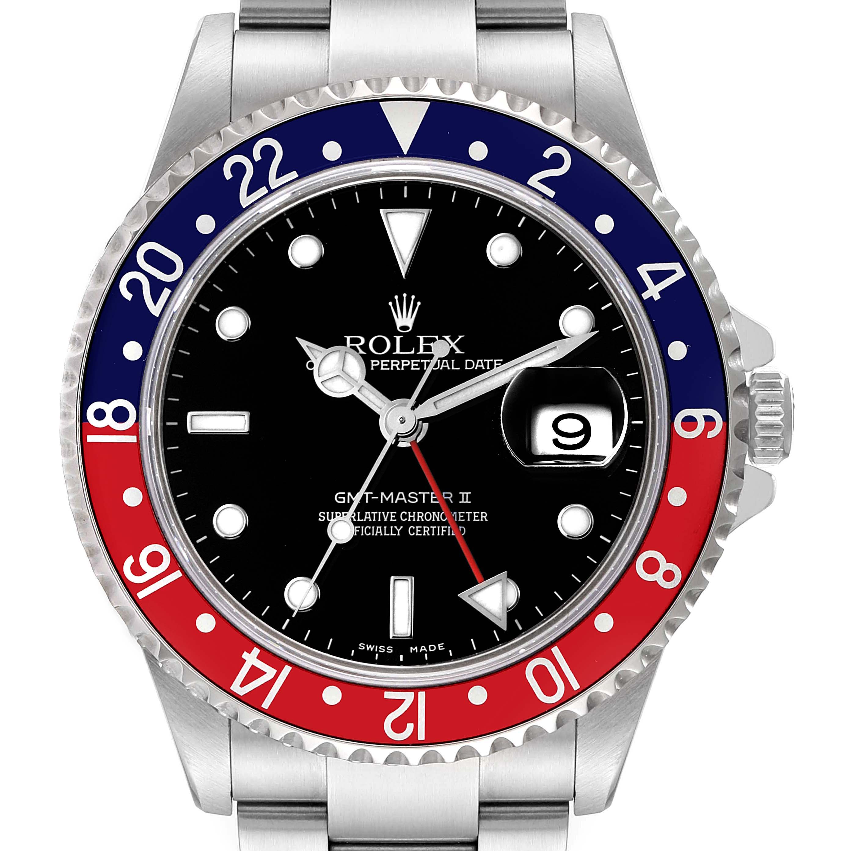 The image shows a front view of a Rolex GMT-Master 16710 Men's Stainless Steel Black Dial 16710 Men's Stainless Steel Black Dial II watch, highlighting the bezel, dial, hands, and crown.