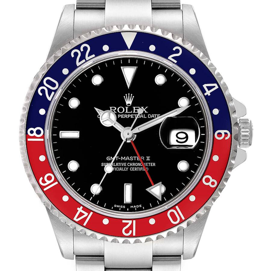 Rolex GMT Master II Pepsi Red and Blue Bezel Steel Watch 16710 Box Papers SwissWatchExpo