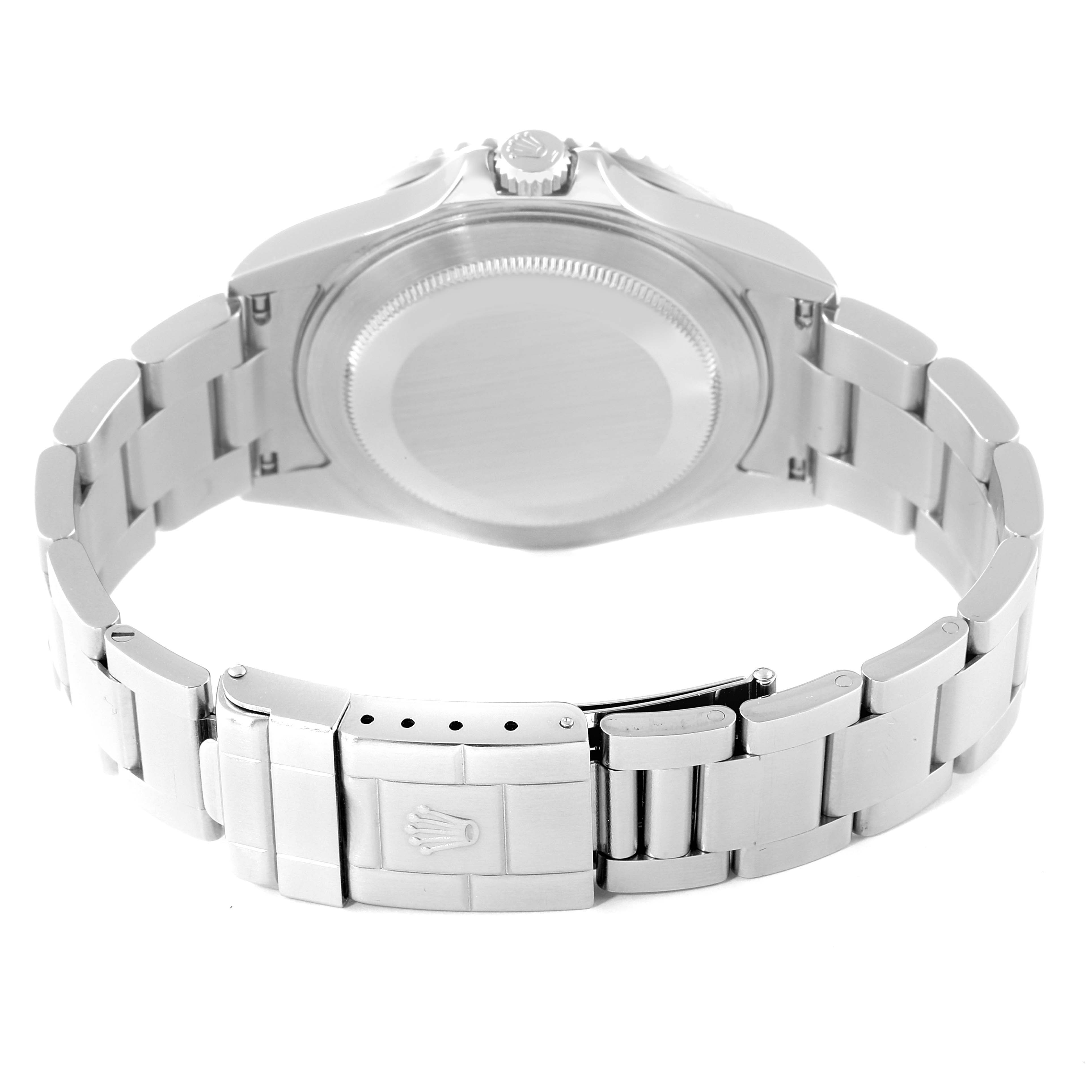 The image shows the back view of a Rolex GMT-Master 16710 Men's Stainless Steel Black Dial 16710 Men's Stainless Steel Black Dial watch, highlighting the case back and stainless steel bracelet with the clasp.