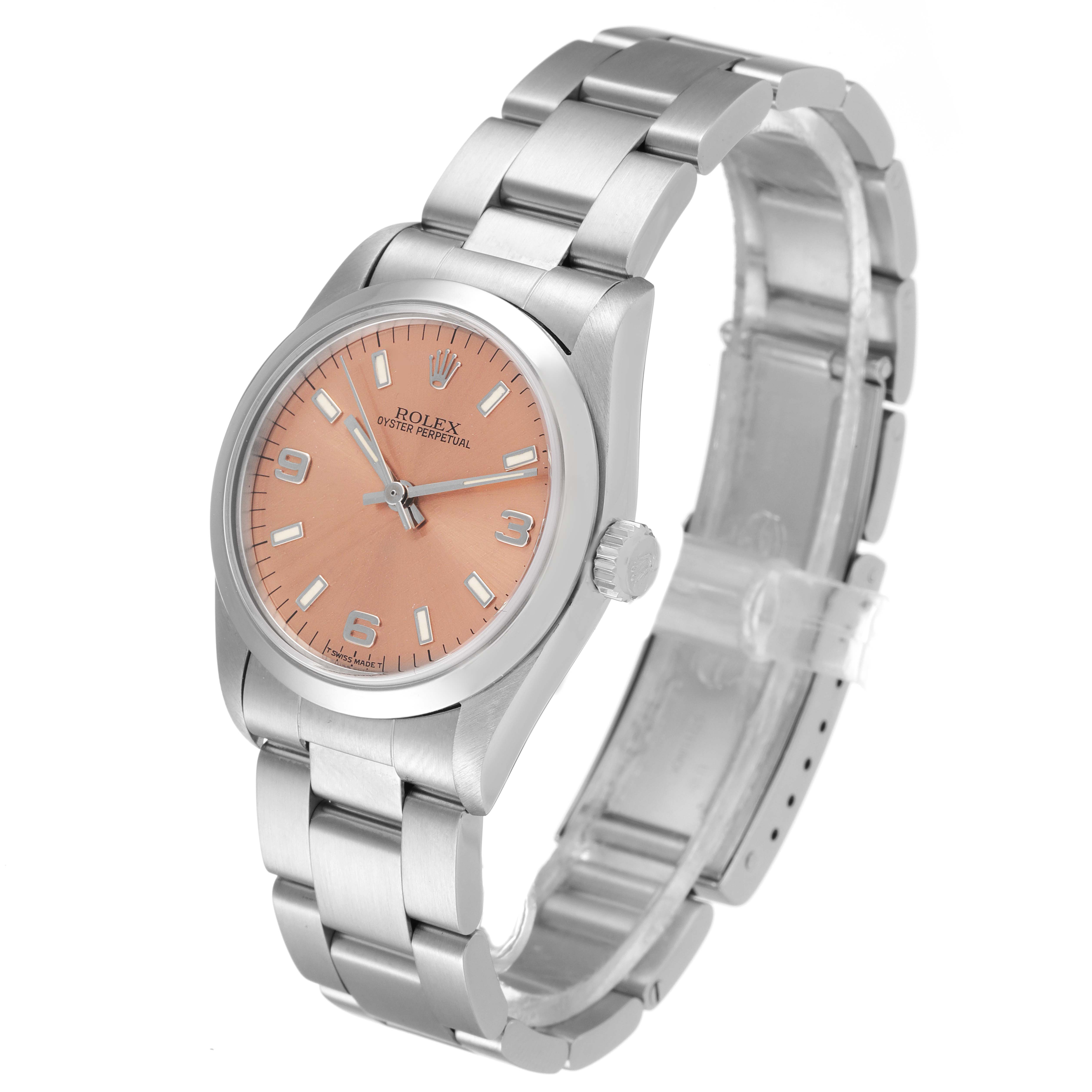 The Rolex Mid-Size 67480 Women's Stainless Steel Pink Dial 67480 Women's Stainless Steel Pink Dial model is shown at a three-quarter angle displaying the face, bezel, and bracelet.